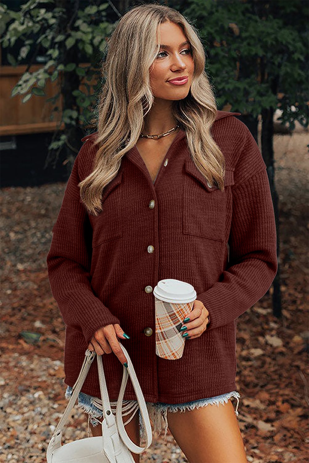 Red Sandalwood Ribbed Knit Buttons Front Flap Pocket Casual Shacket