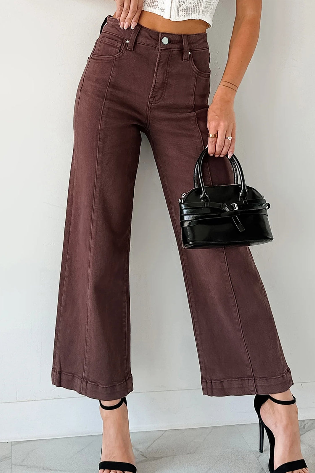 Red Sandalwood Solid Color Seamed Center Wide Leg Cropped Jeans