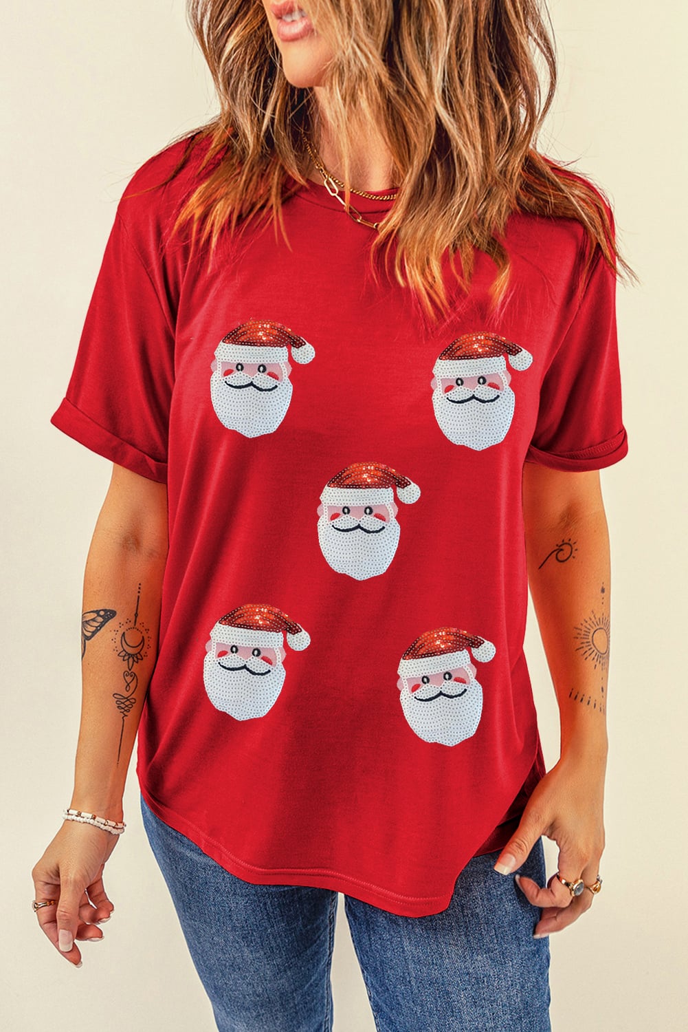 Red Faux Sequin Christmas Claus Pattern Crewneck T Shirt