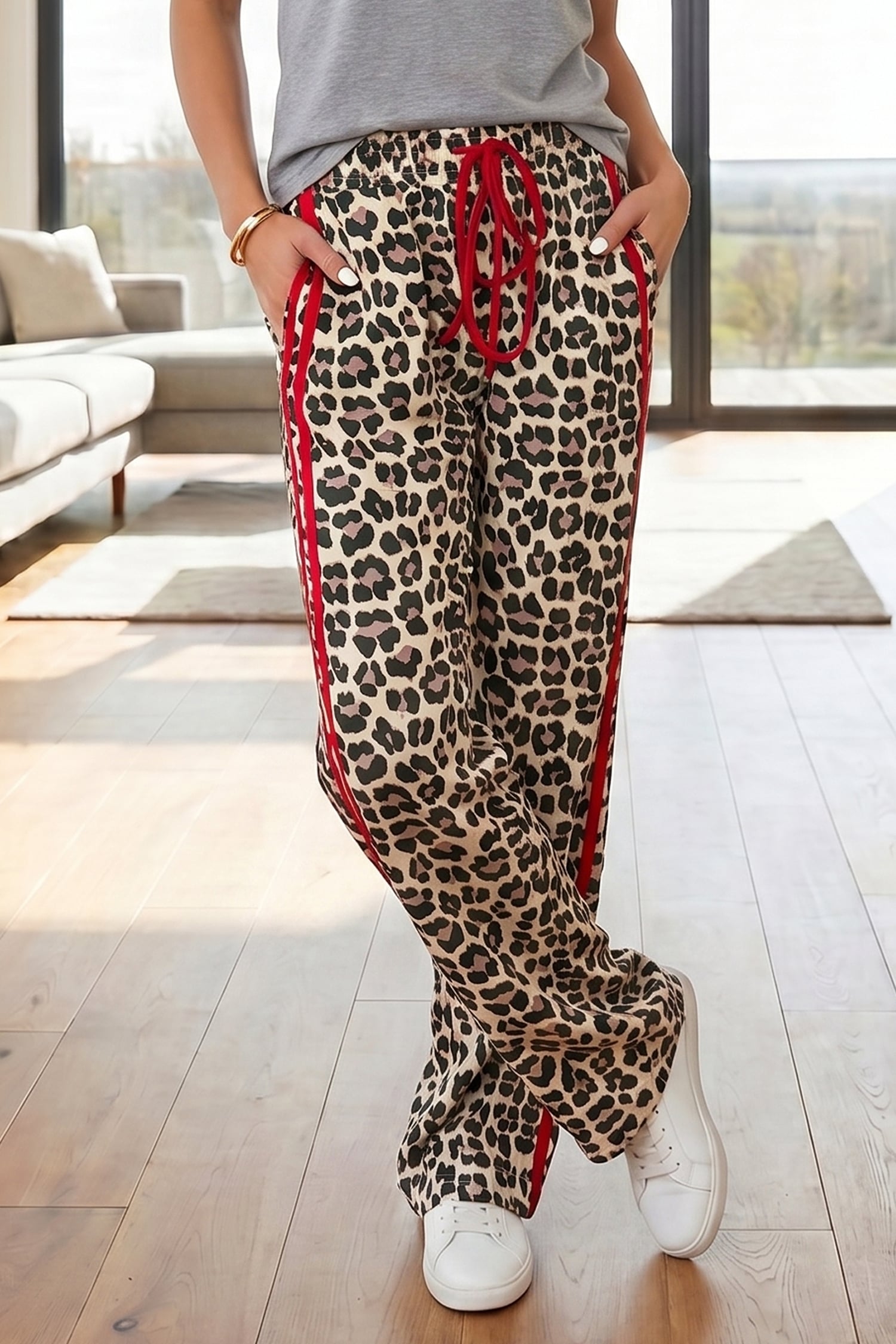 Red Contrast Detail Tie Waist Leopard Print Casual Pants