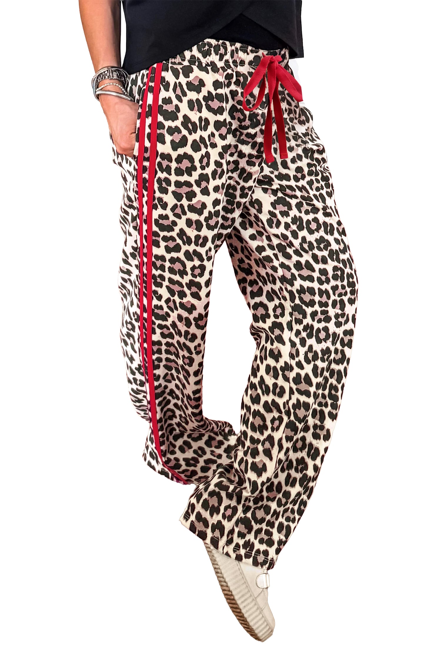 Red Contrast Detail Tie Waist Leopard Print Casual Pants