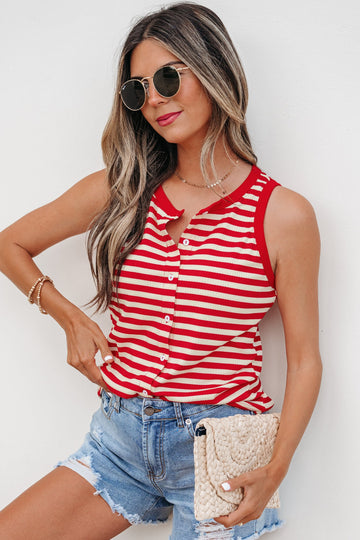 Red Stripe Buttoned Ribbed Knit Tank Top