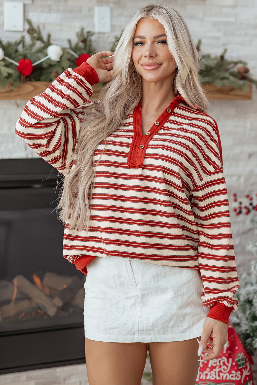Red Stripe Buttoned V Neck Collared Drop Shoulder Top