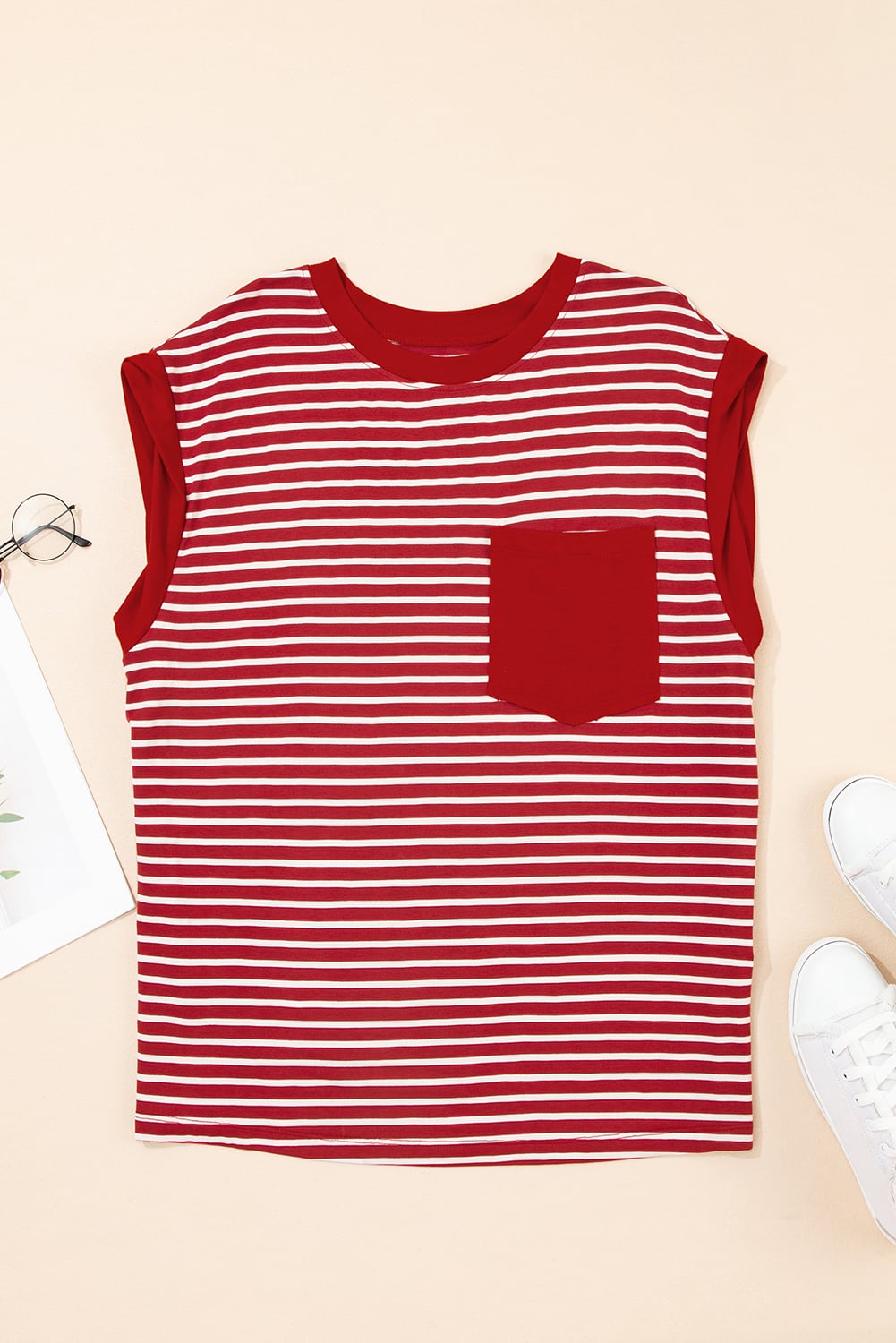 Red Stripe Chest Pocket Patch Round Neck Tank Top