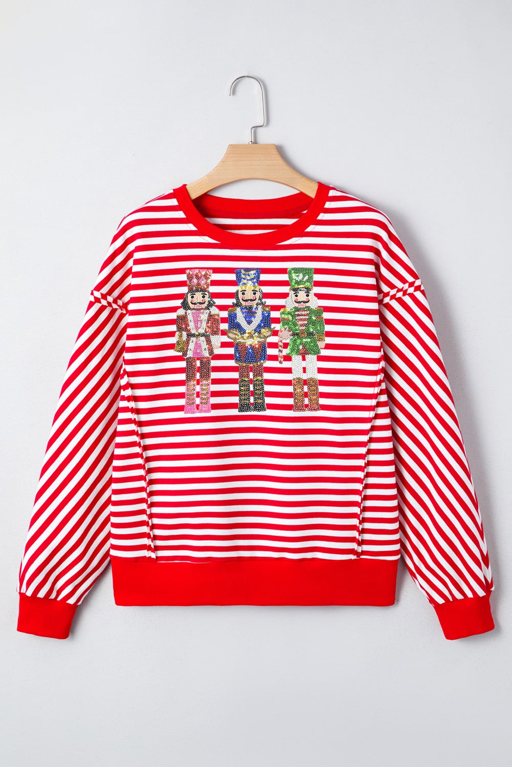 Red Stripe Christmas Nutcracker Sequin Patched Drop Shoulder Top