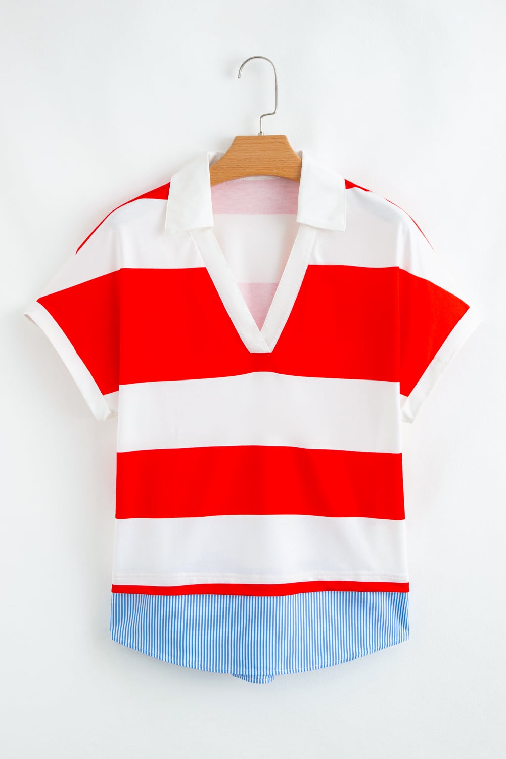 Red Stripe Collar V Neck Cuffed Dolman Short Sleeve Top
