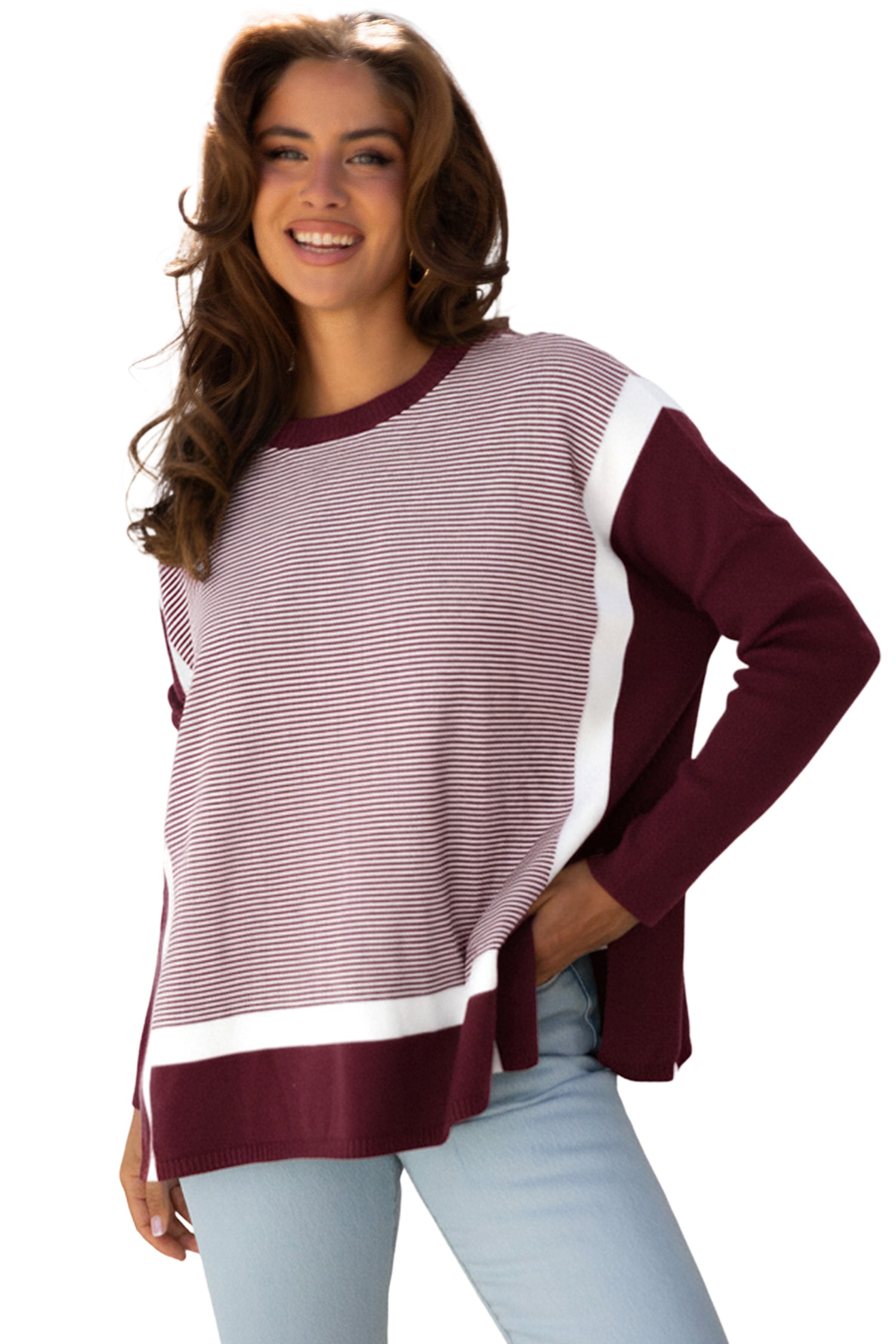 Red Stripe Color Block Patchwork Dolman Oversize Tunic Sweater