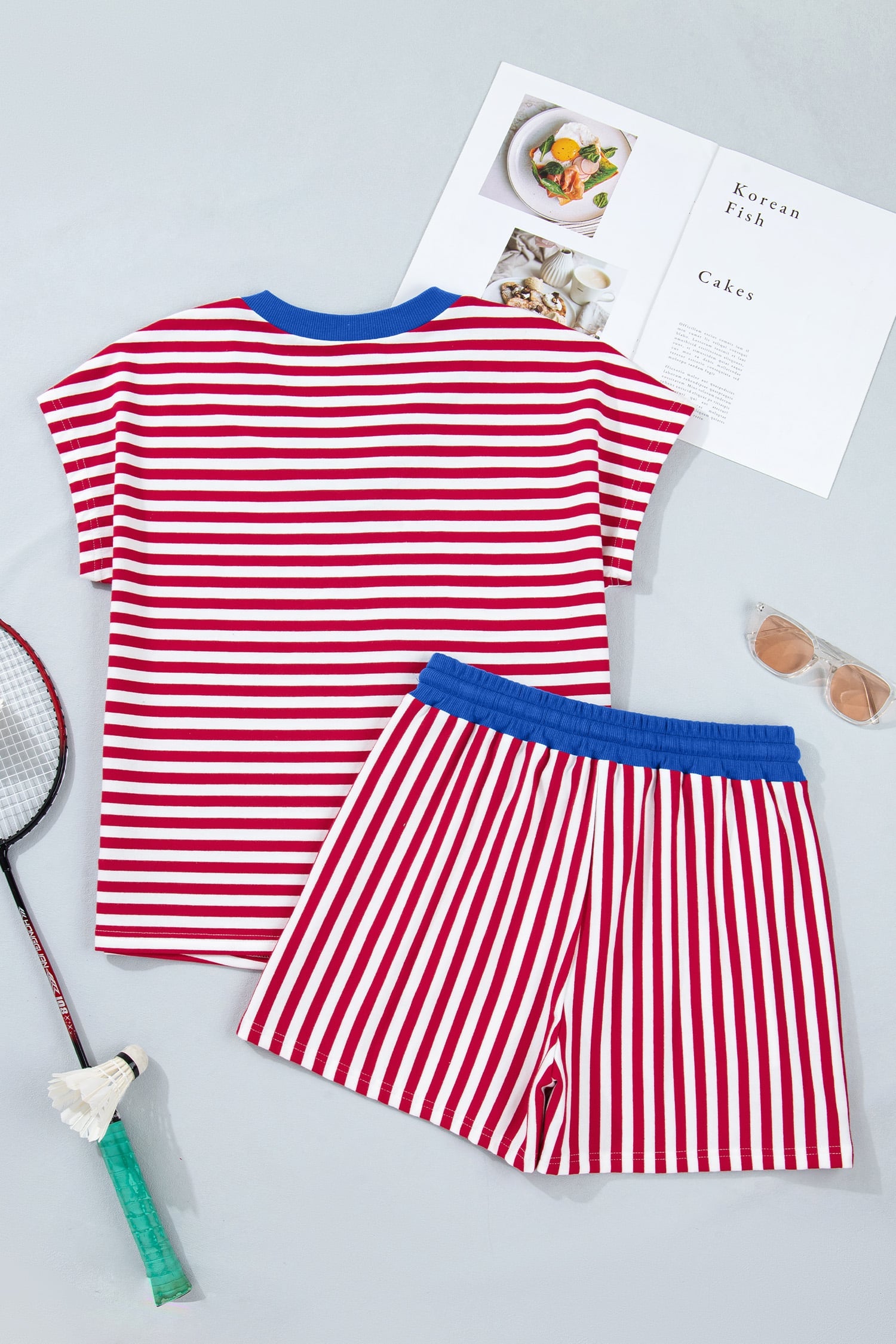 Red Stripe Colorblock Trim V Neck Tee Drawstring Elastic Waist Short Set
