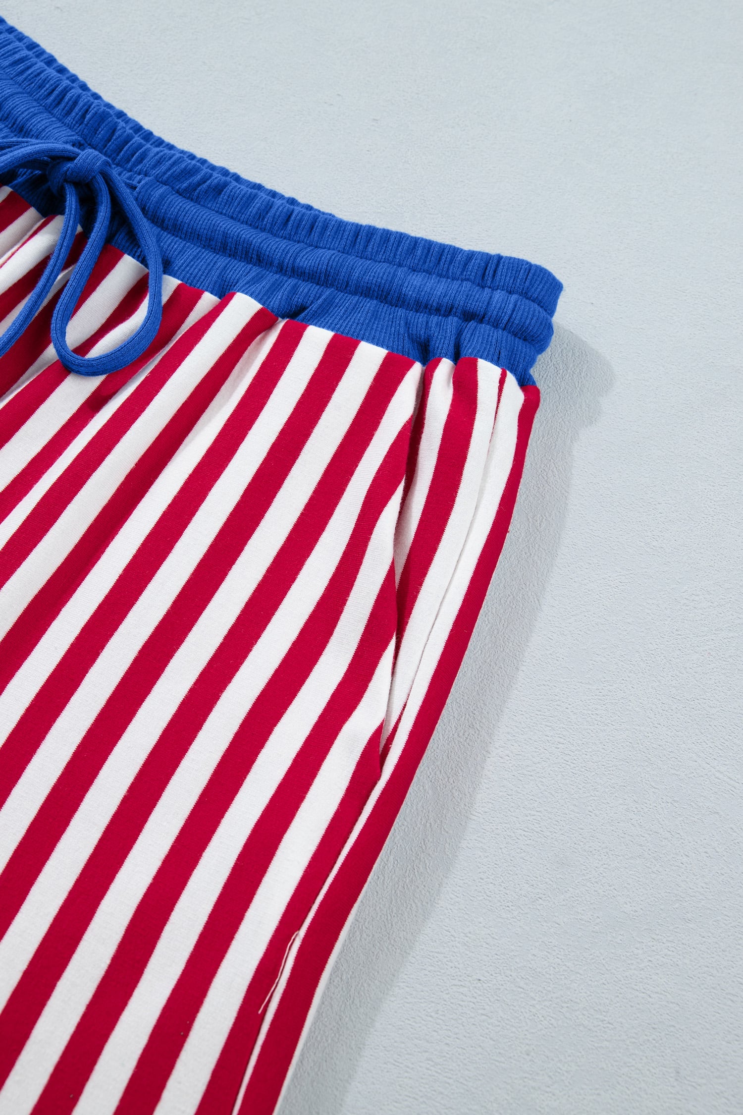 Red Stripe Colorblock Trim V Neck Tee Drawstring Elastic Waist Short Set
