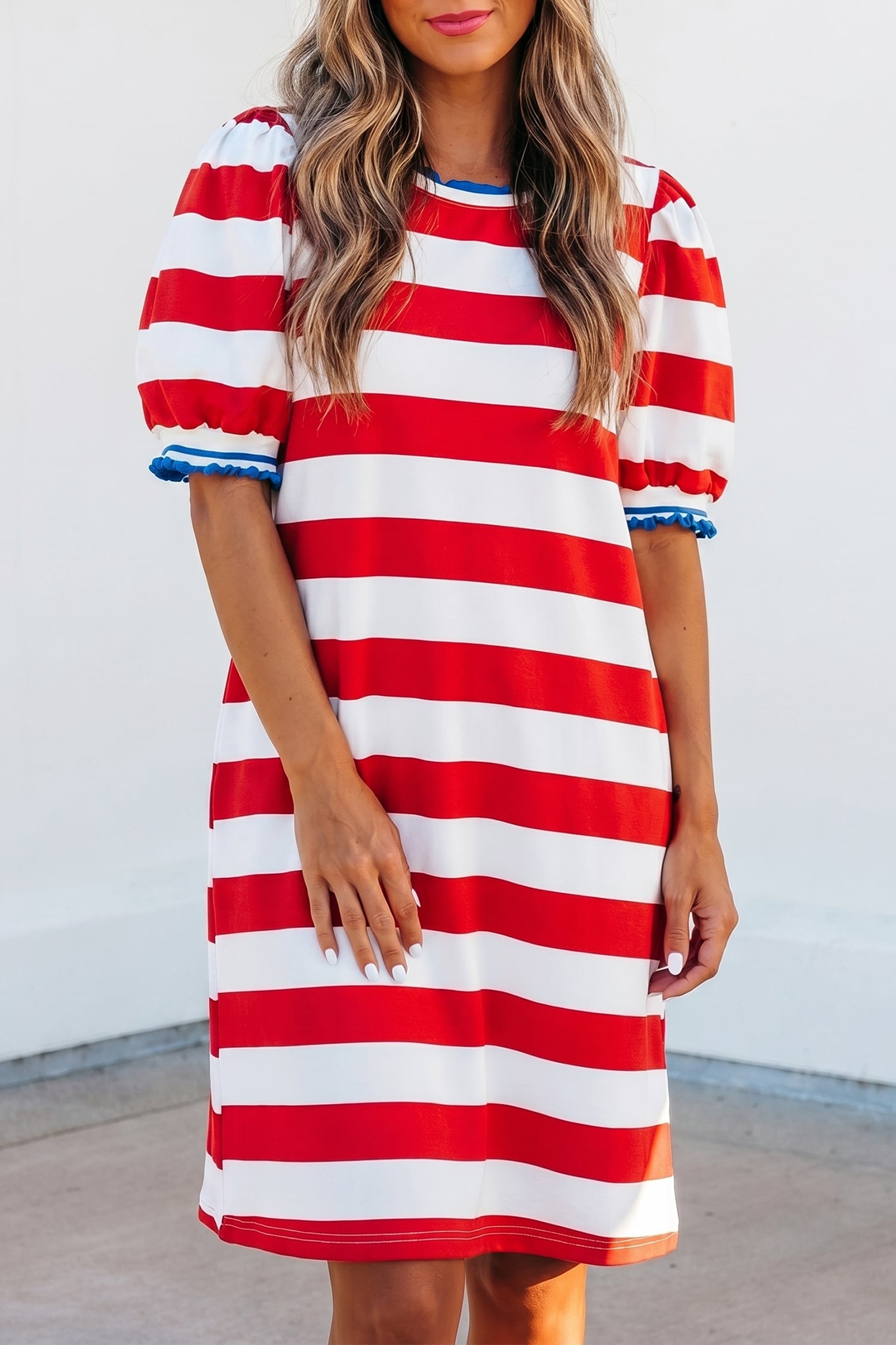 Red Stripe Contrast Trim Round Neck Short Puff Sleeve Shift Mini Dress
