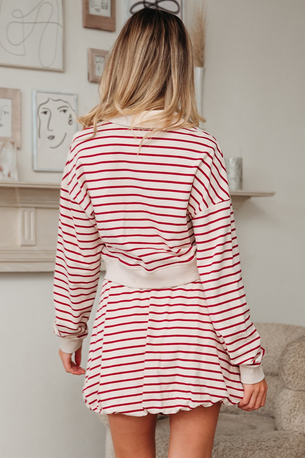 Red Stripe Cropped Collared Drop Shoulder Pullover and Bubble Mini Skirt Set