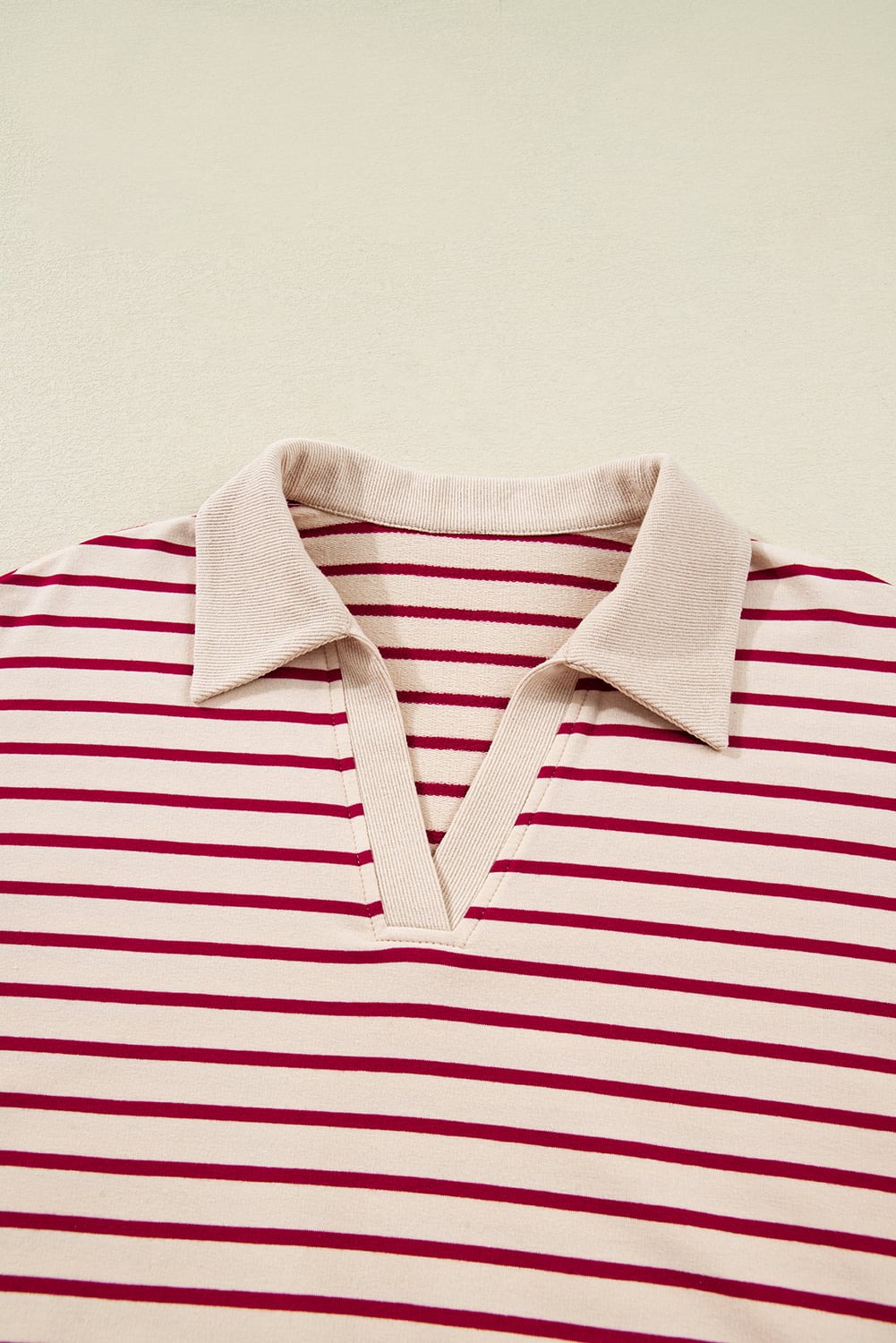 Red Stripe Cropped Collared Drop Shoulder Pullover and Bubble Mini Skirt Set