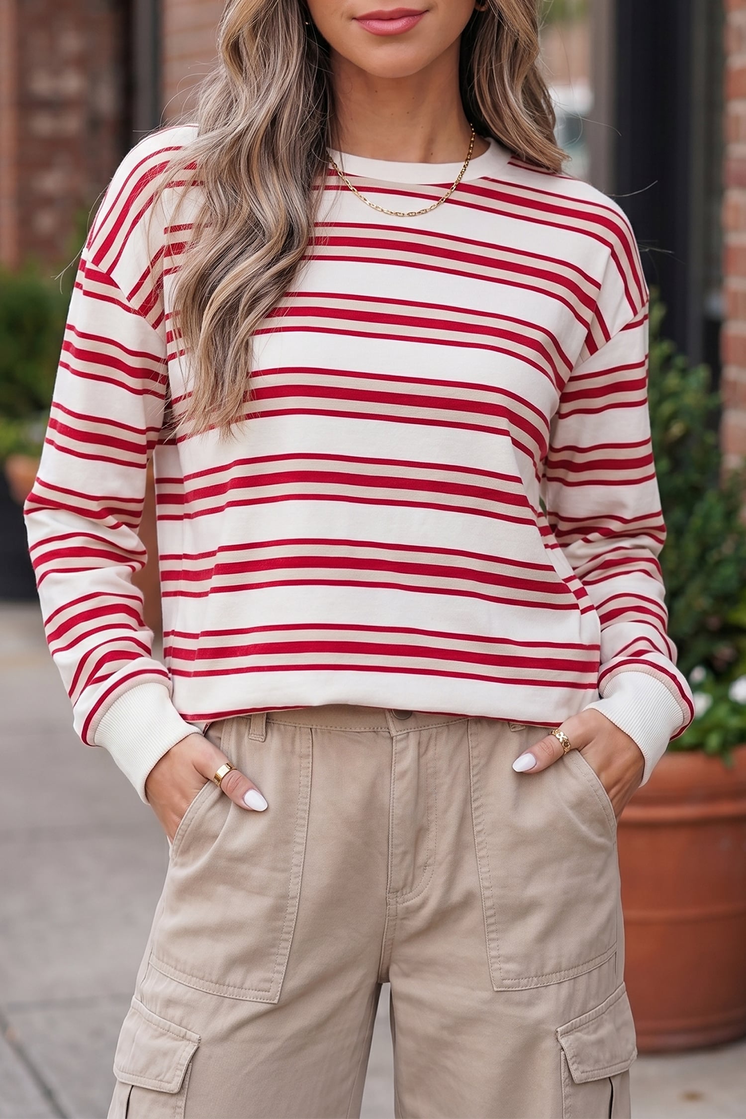 Red Stripe Dropped Shoulder Long Sleeve Casual Pullover Top