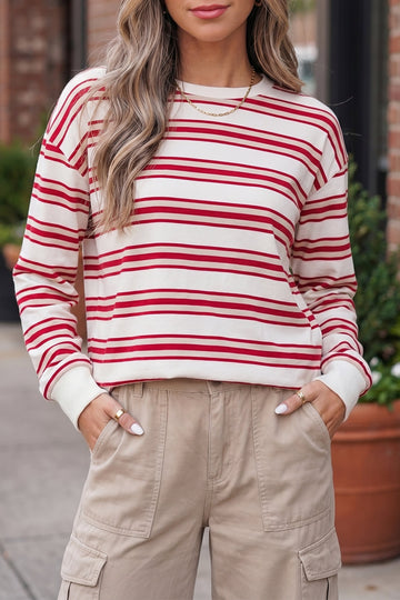 Red Stripe Dropped Shoulder Long Sleeve Casual Pullover Top