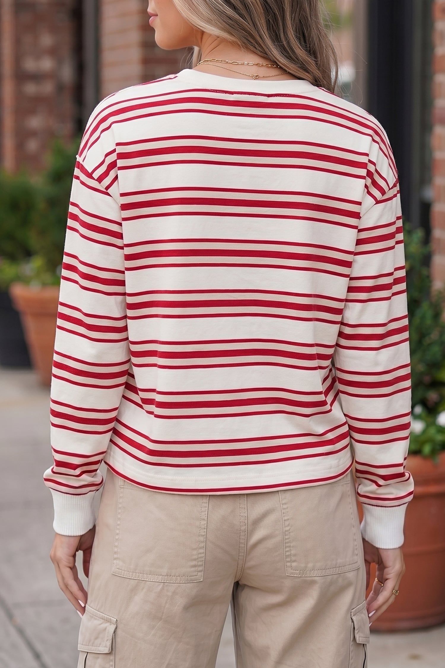 Red Stripe Dropped Shoulder Long Sleeve Casual Pullover Top