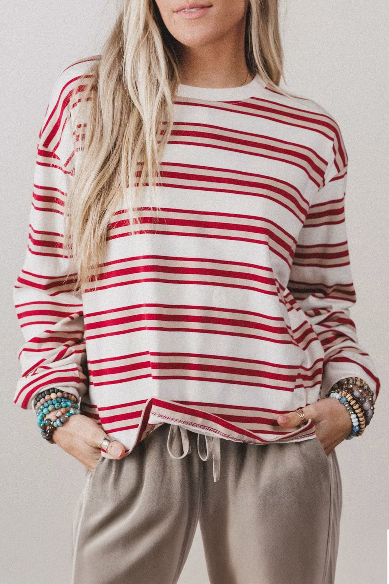 Red Stripe Dropped Shoulder Long Sleeve Casual Pullover Top