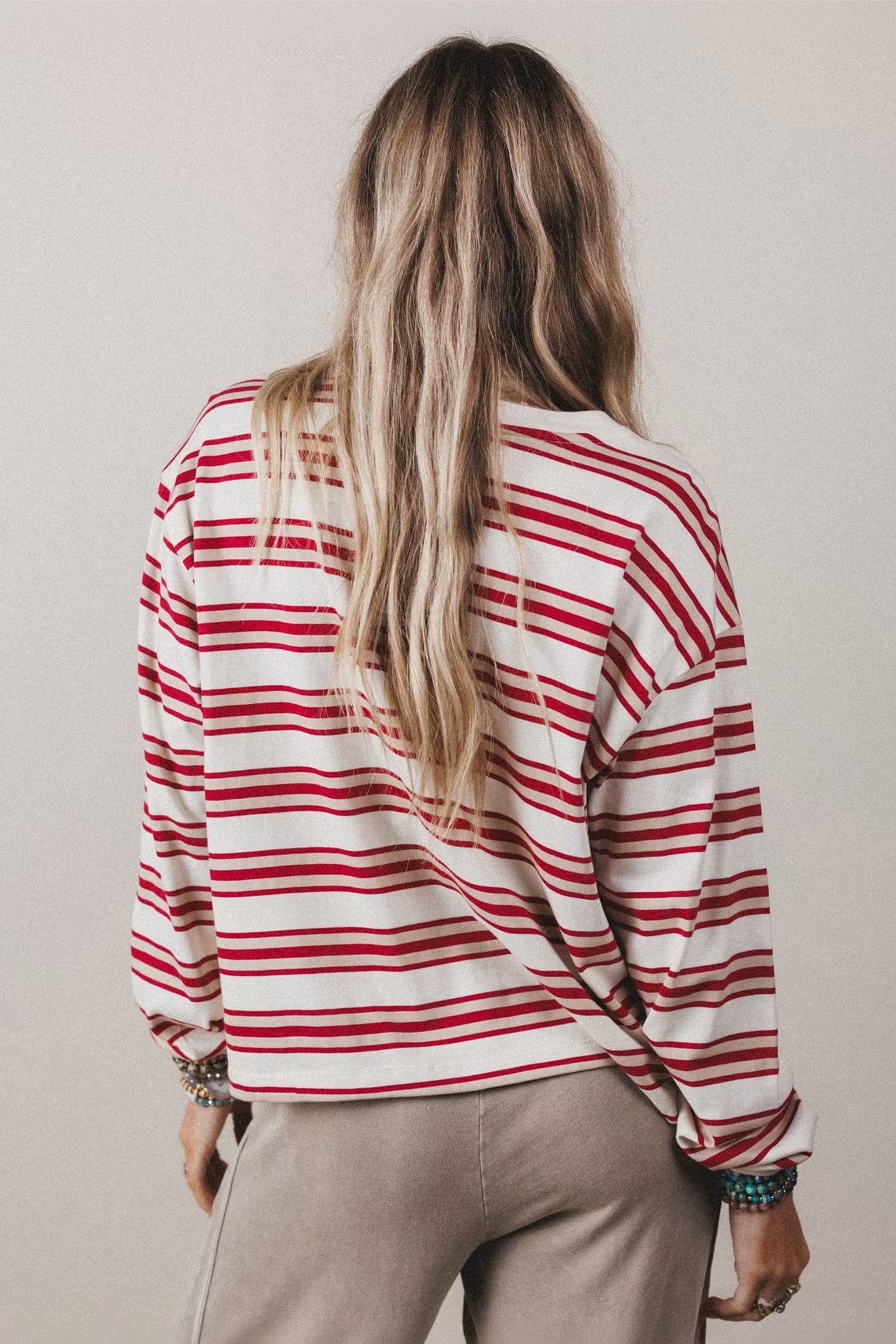 Red Stripe Dropped Shoulder Long Sleeve Casual Pullover Top
