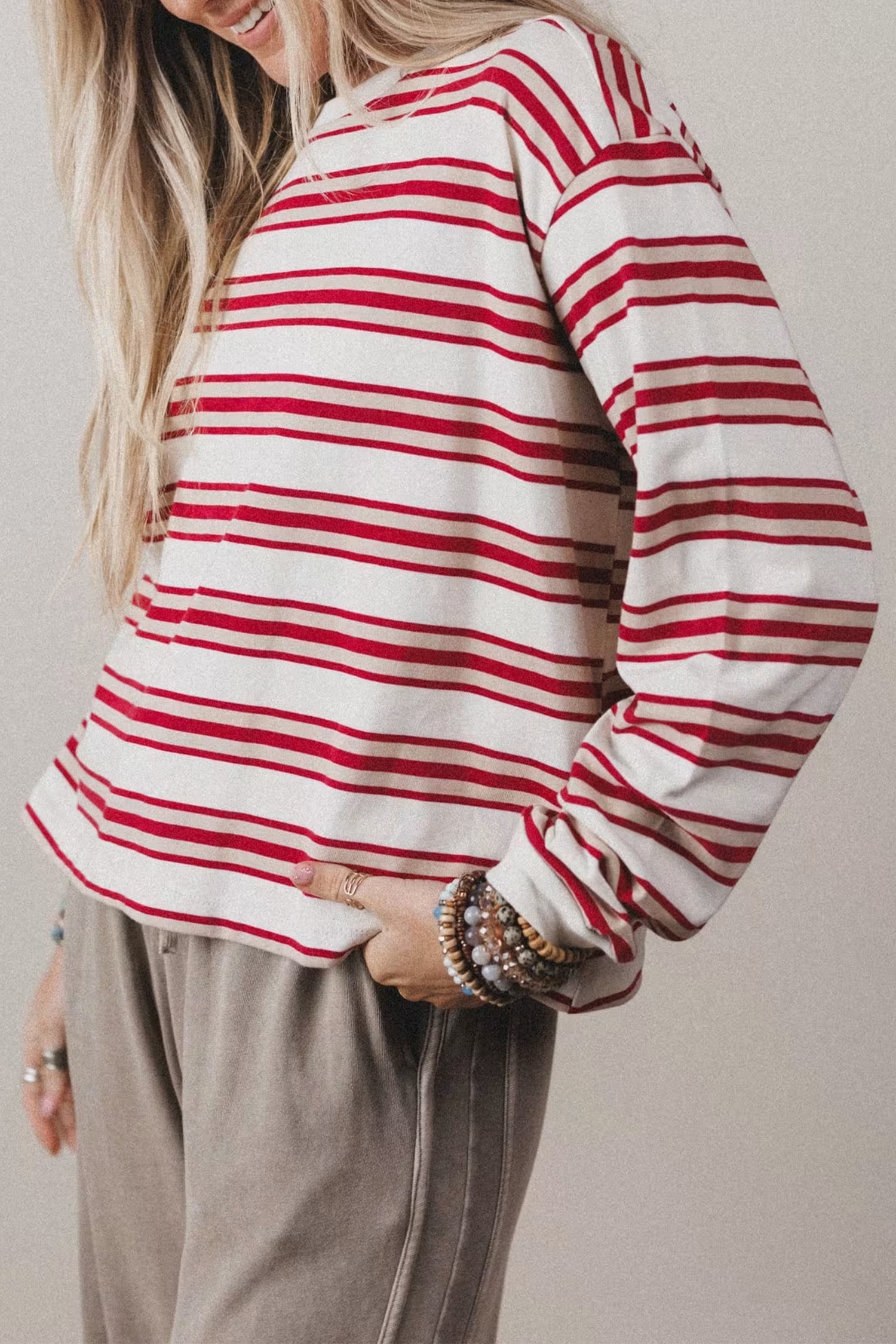 Red Stripe Dropped Shoulder Long Sleeve Casual Pullover Top
