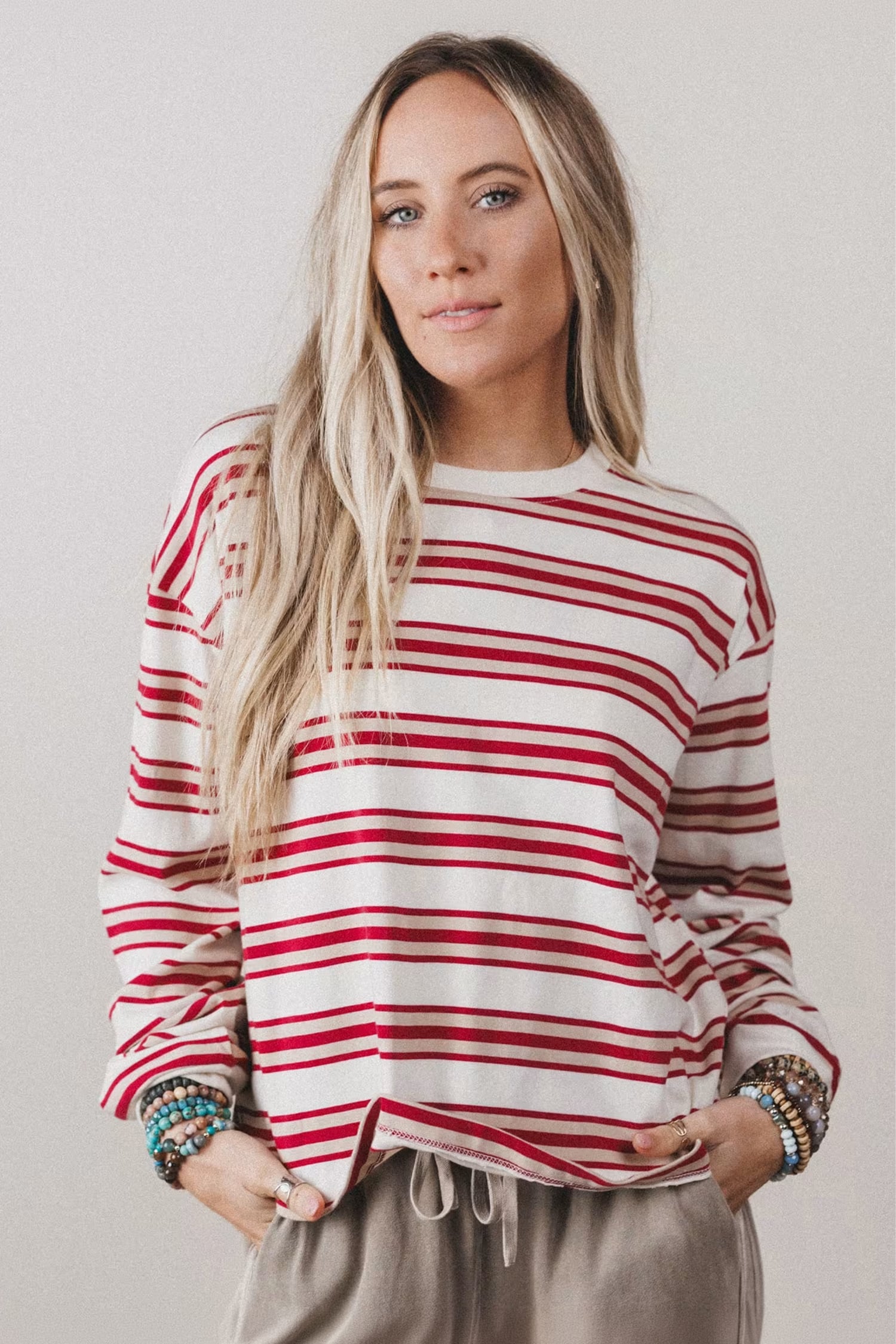 Red Stripe Dropped Shoulder Long Sleeve Casual Pullover Top