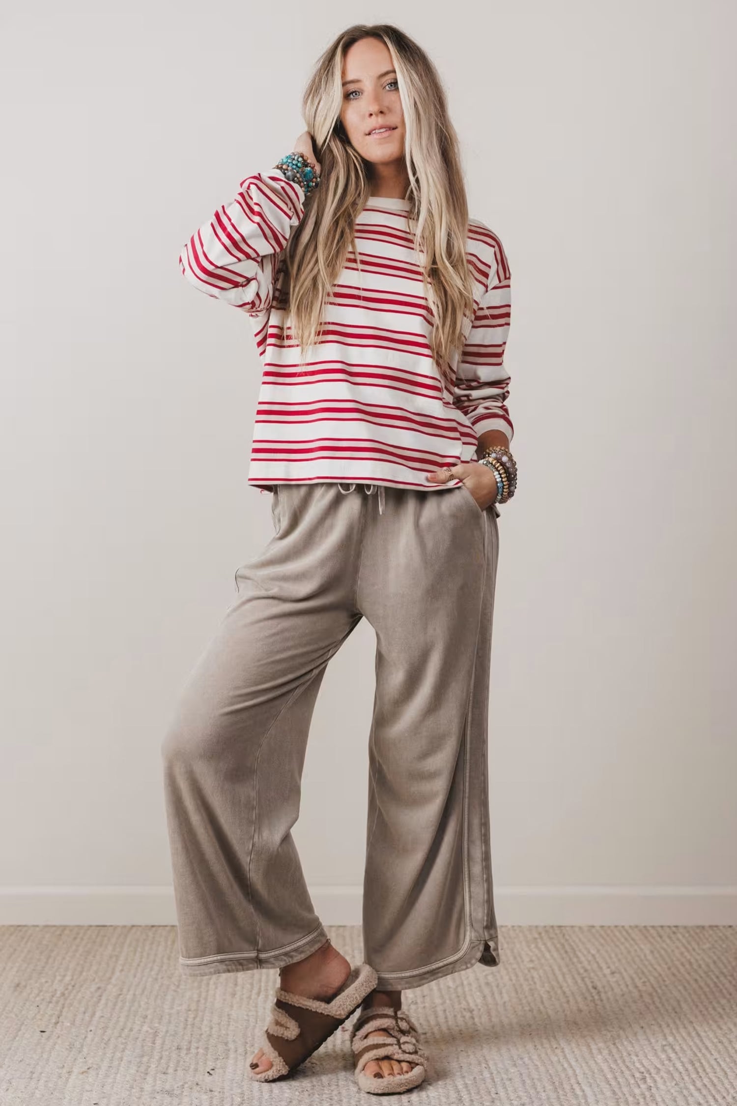 Red Stripe Dropped Shoulder Long Sleeve Casual Pullover Top