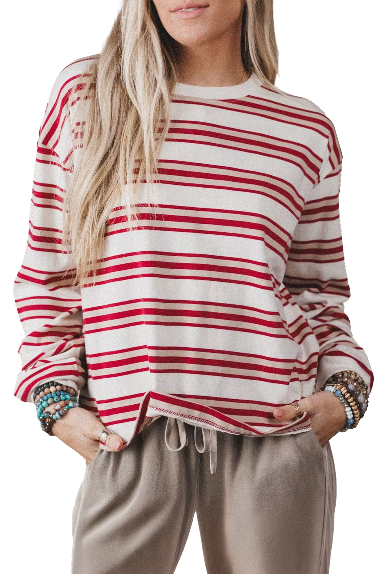 Red Stripe Dropped Shoulder Long Sleeve Casual Pullover Top