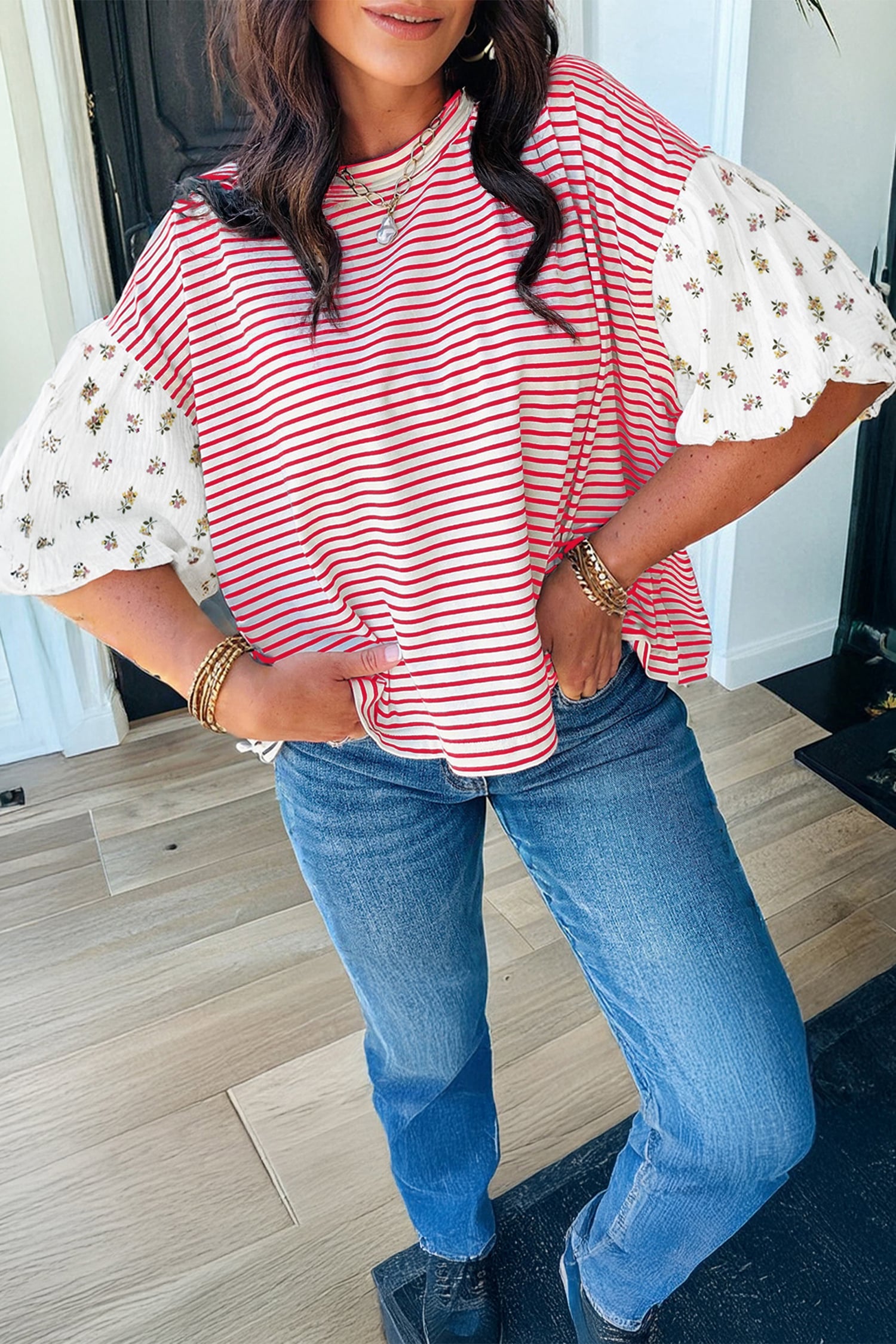 Red Stripe Floral Puff Sleeve Patchwork Round Neck Loose Top