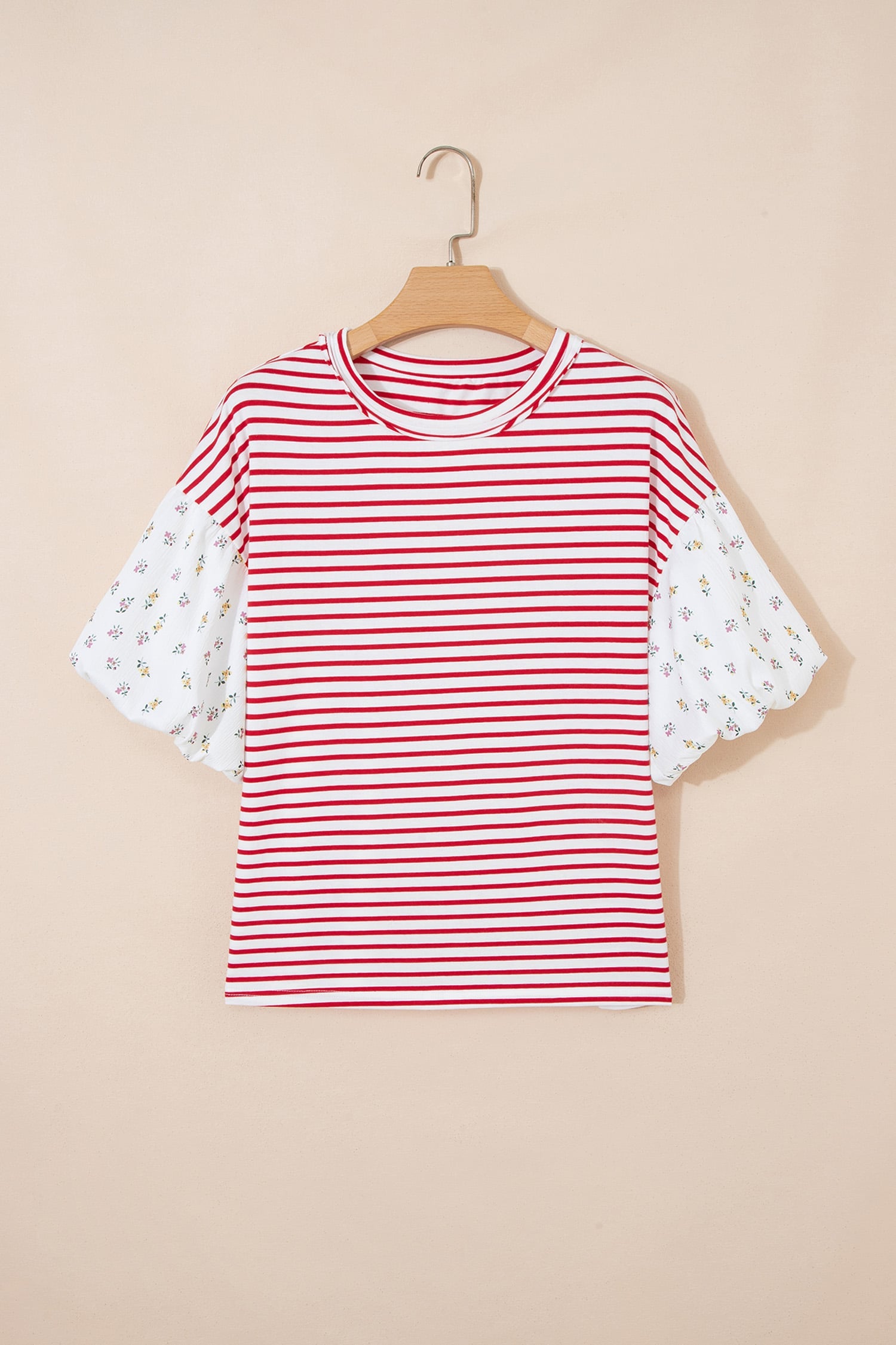 Red Stripe Floral Puff Sleeve Patchwork Round Neck Loose Top