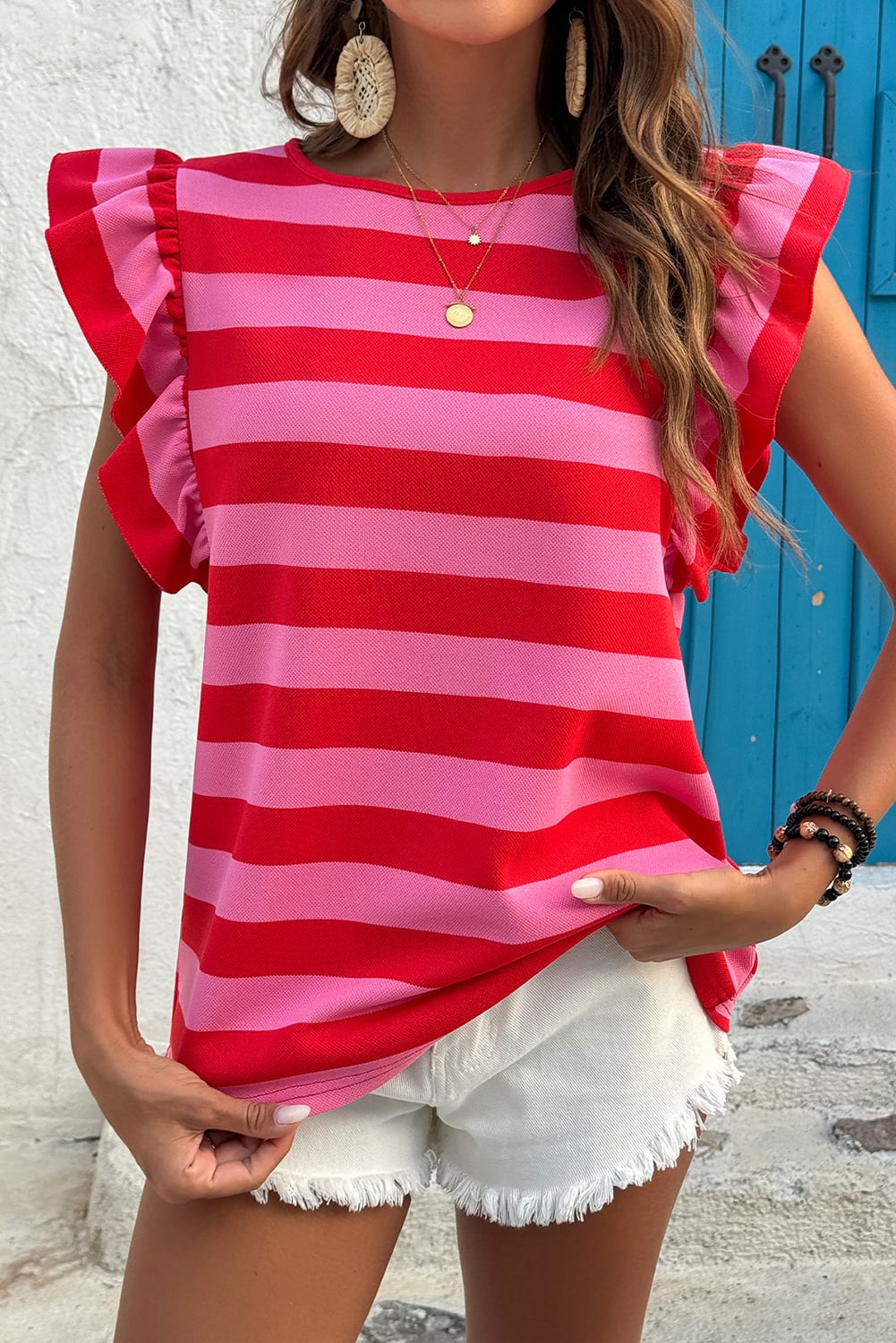 Red Stripe Flutter Sleeve Round Neck T Shirt