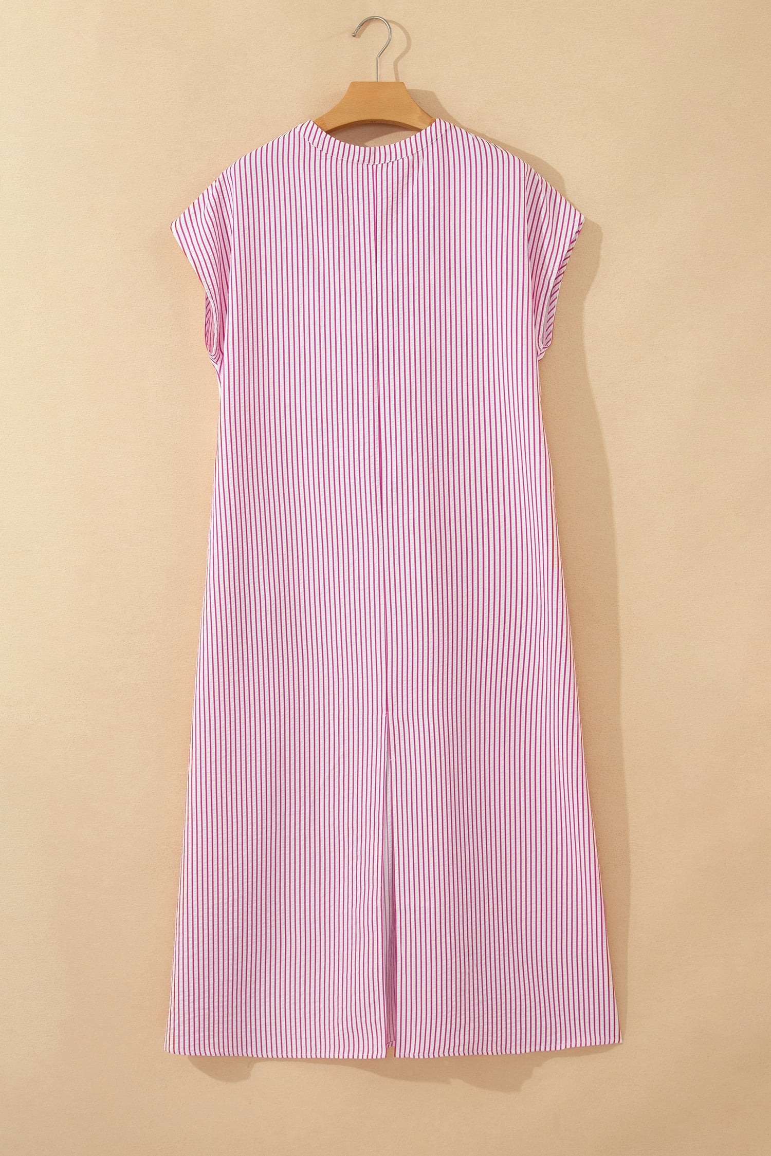 Red Stripe Frilled Detail Half Buttons Short Sleeve Long Dress