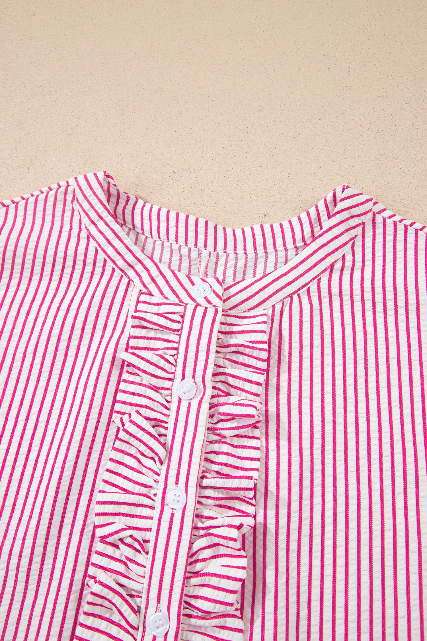 Red Stripe Frilled Detail Half Buttons Short Sleeve Long Dress