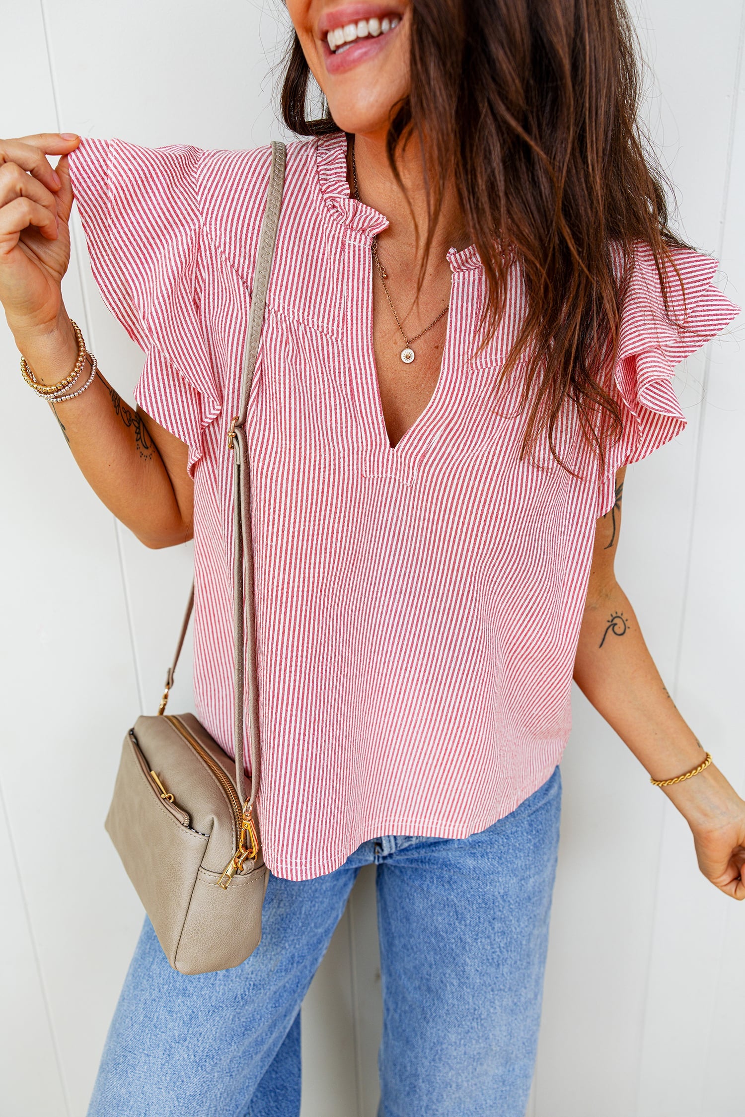 Red Stripe Frilly Split Neck Double Ruffled Short Sleeve Blouse
