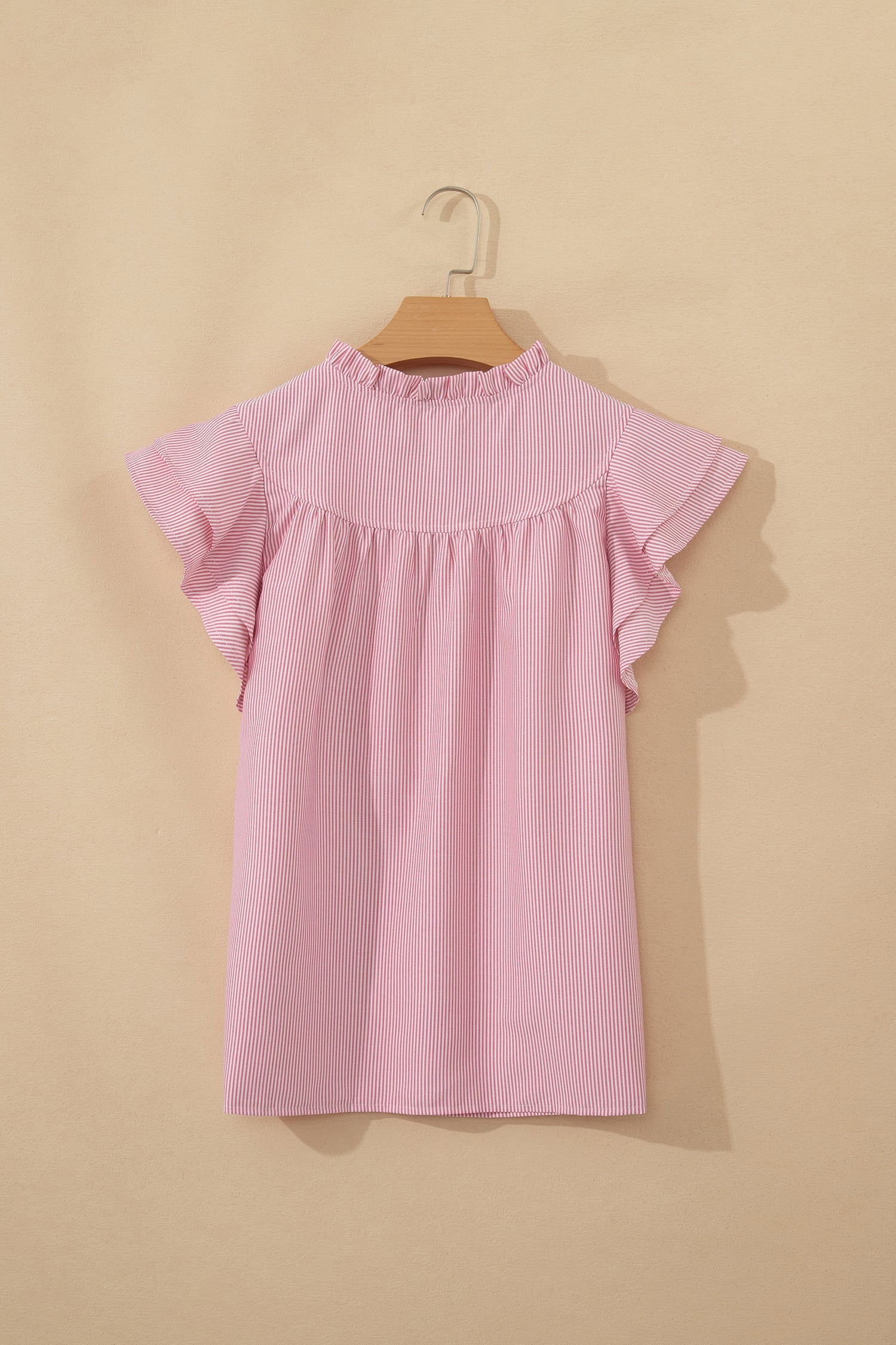 Red Stripe Frilly Split Neck Double Ruffled Short Sleeve Blouse