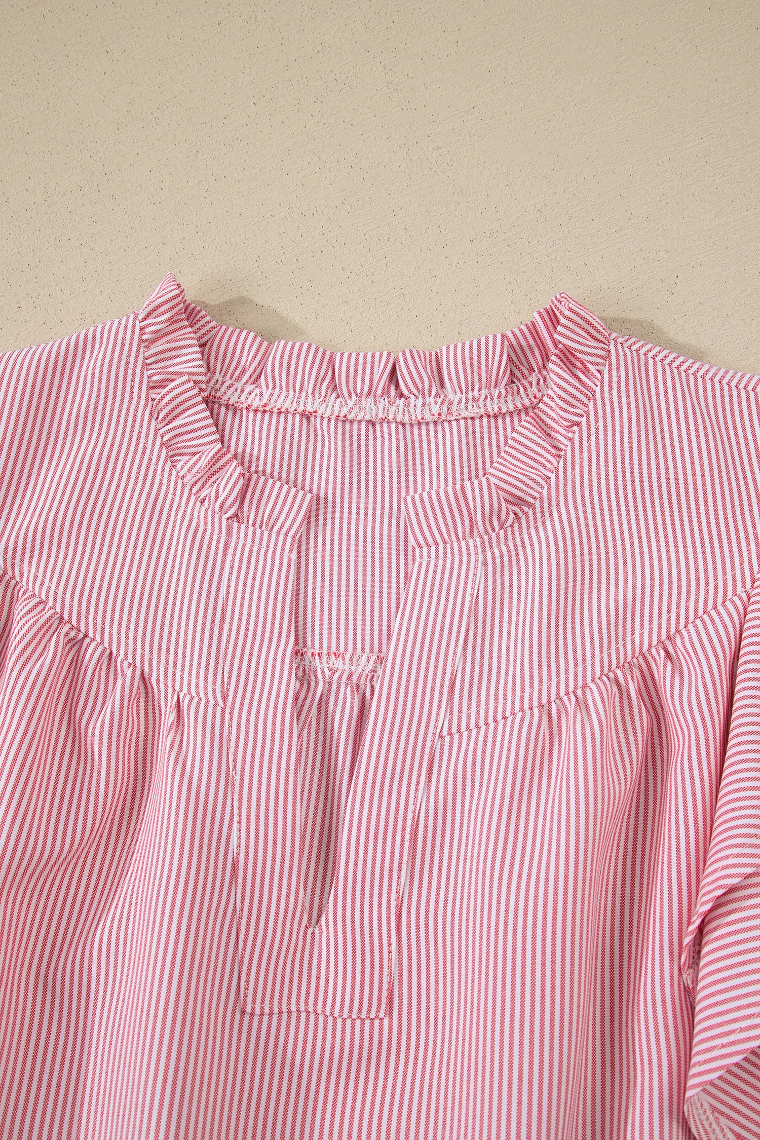 Red Stripe Frilly Split Neck Double Ruffled Short Sleeve Blouse