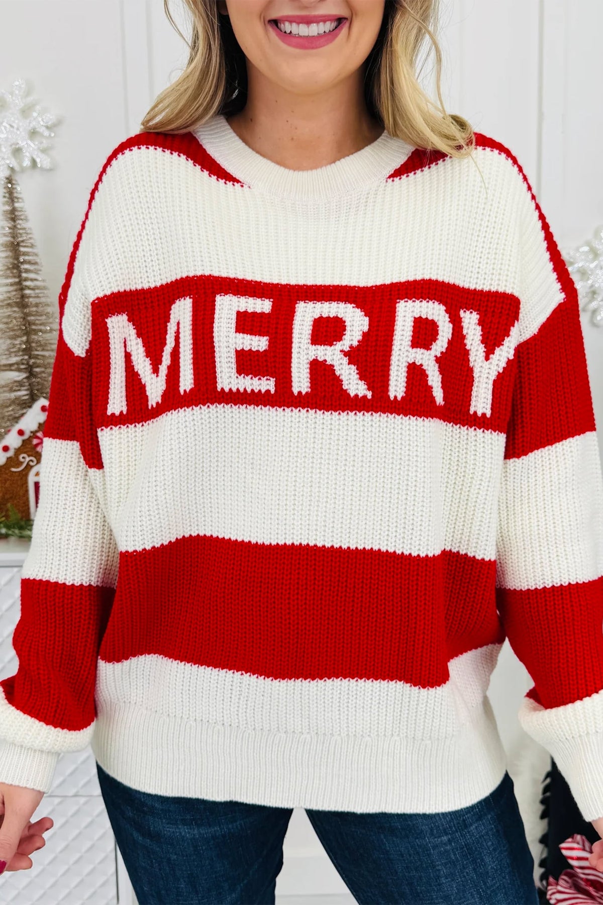 Red Stripe MERRY Drop Shoulder Long Sleeve Christmas Sweater