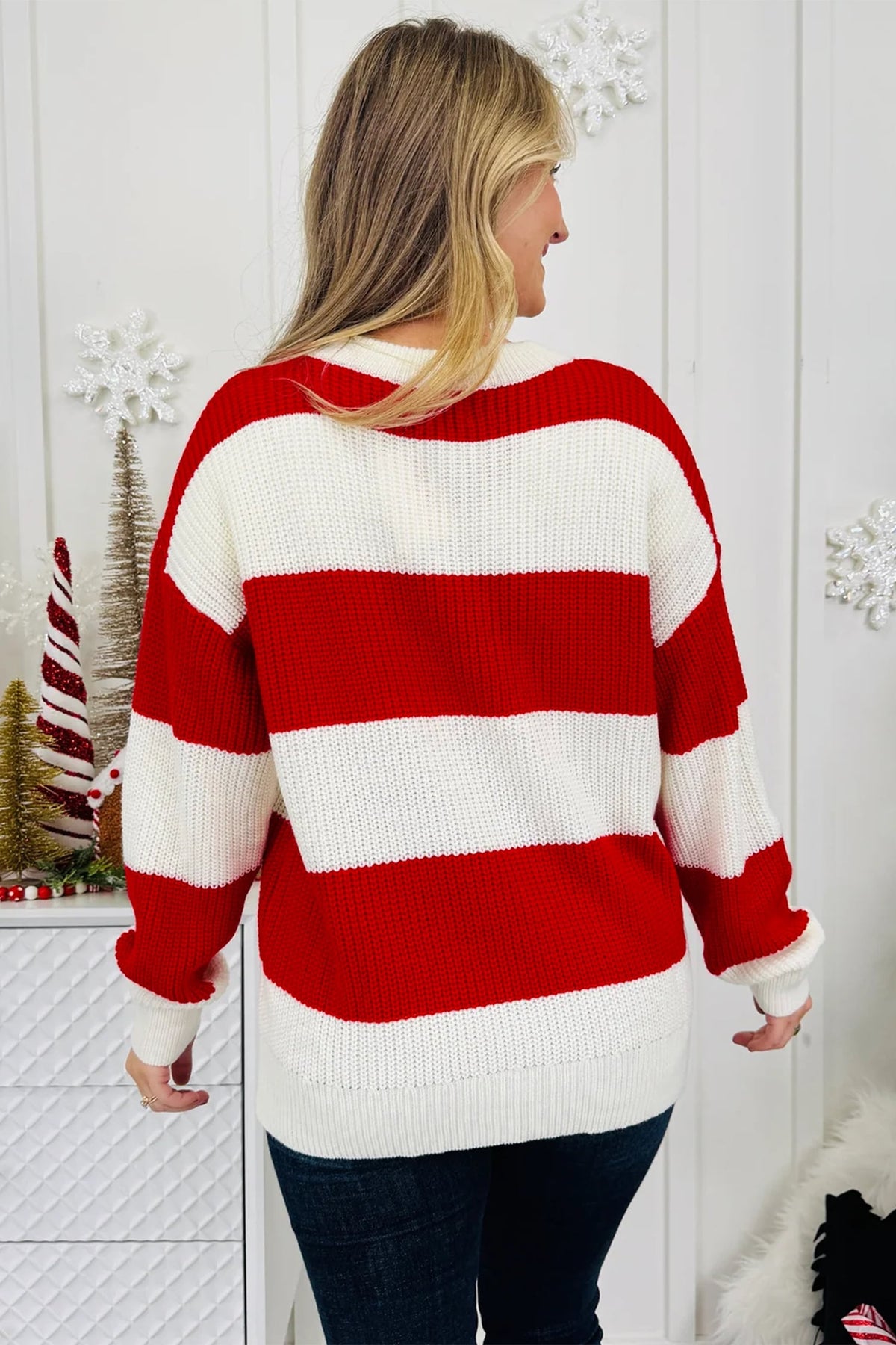 Red Stripe MERRY Drop Shoulder Long Sleeve Christmas Sweater