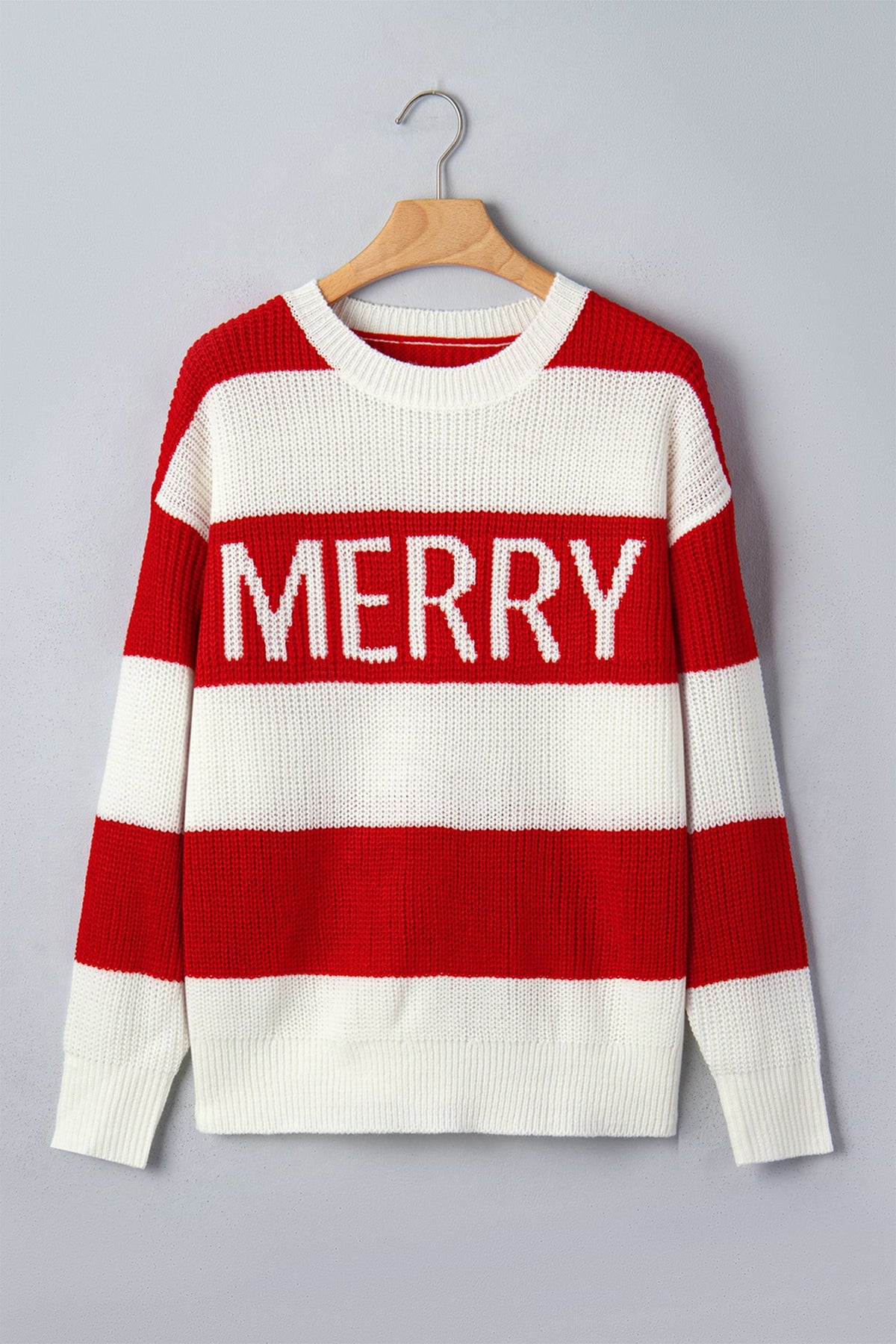 Red Stripe MERRY Drop Shoulder Long Sleeve Christmas Sweater