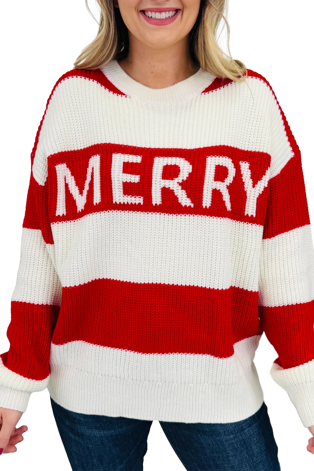 Red Stripe MERRY Drop Shoulder Long Sleeve Christmas Sweater