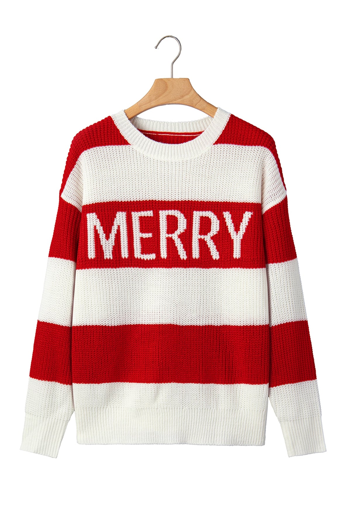 Red Stripe MERRY Drop Shoulder Long Sleeve Christmas Sweater