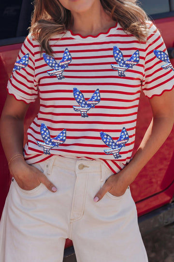 Red Stripe Patriotic Eagle Sequin Striped T-Shirt