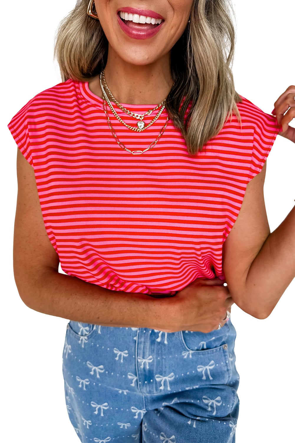 Red Stripe Ribbed Cap Sleeve Round Neck T Shirt