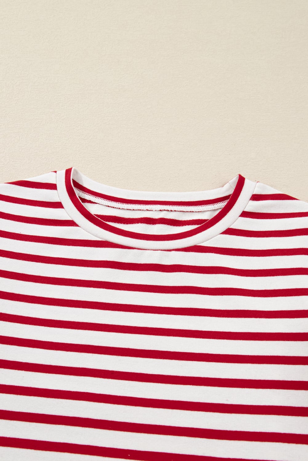 Red Stripe Round Neck Ruffle Trim Long Sleeve Top