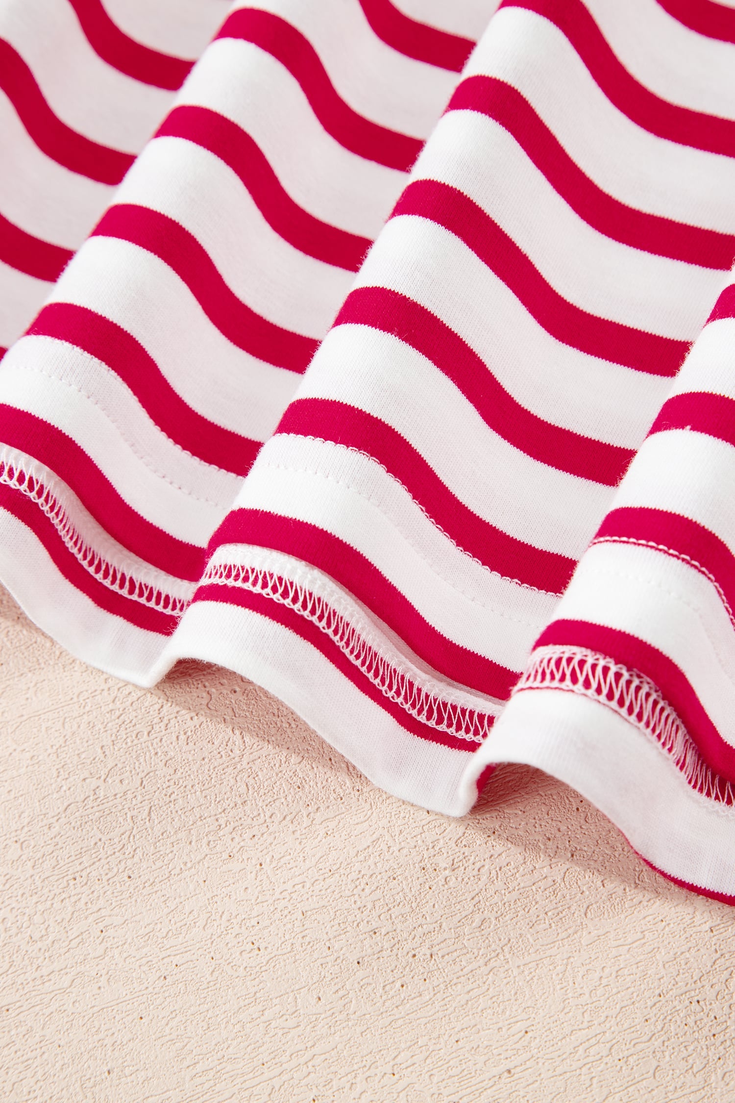 Red Stripe Scalloped Trim Round Neck T Shirt