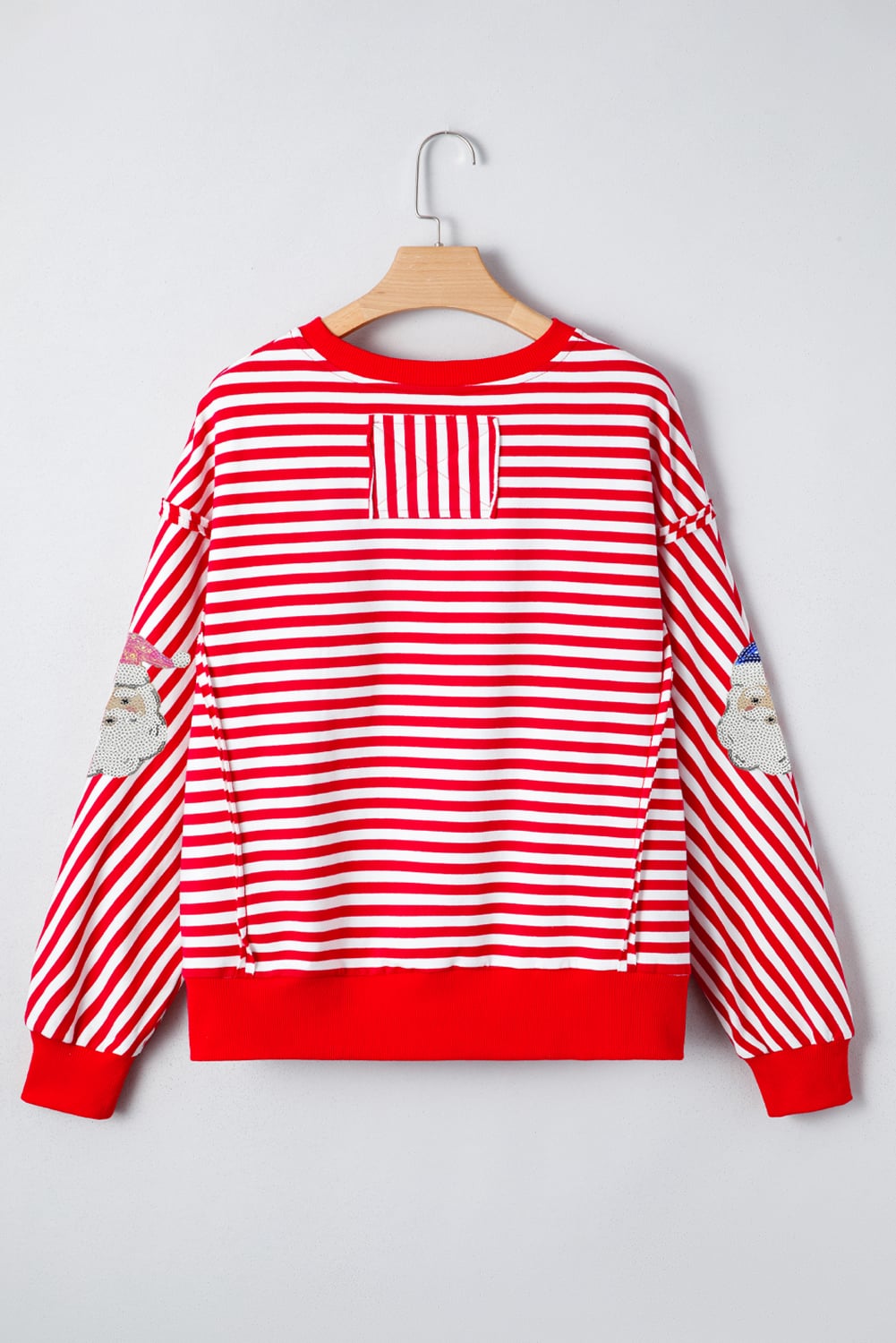 Red Stripe Sequin Santa Round Neck Raw Seam Detail Christmas Long Sleeve Top