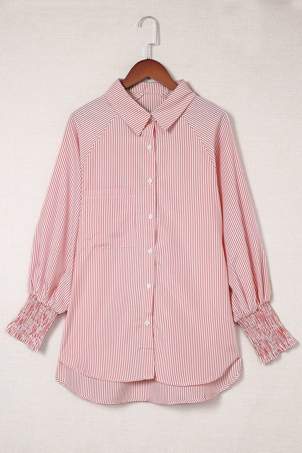 Red Stripe Smocked Cuffed Striped Boyfriend Shirt with Pocket
