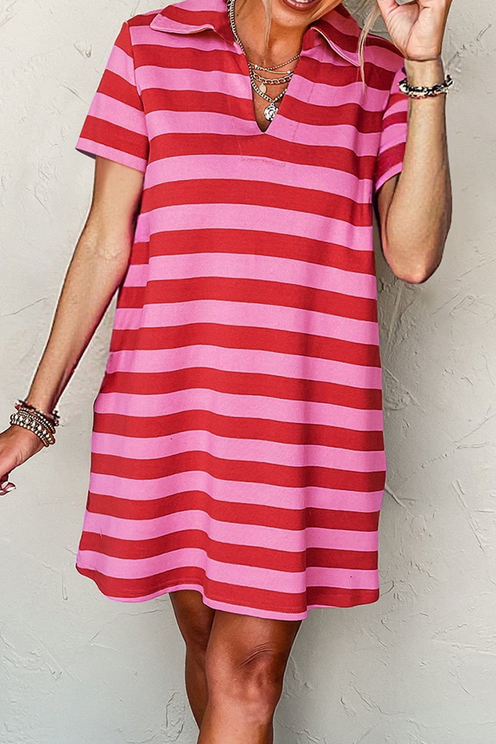 Red Stripe Textured Knit Collared V Neck Shift T Shirt Dress