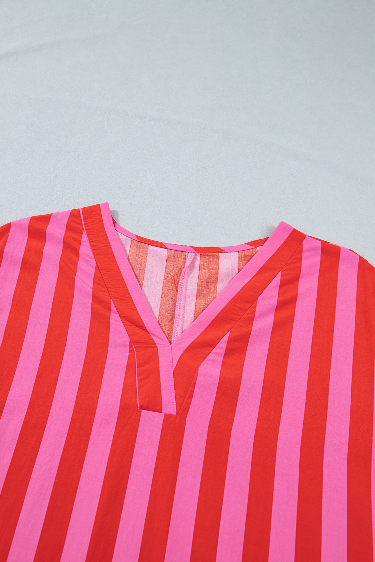 Red Stripe V Neck Cuffed Sleeve Relaxed Split Midi Dress