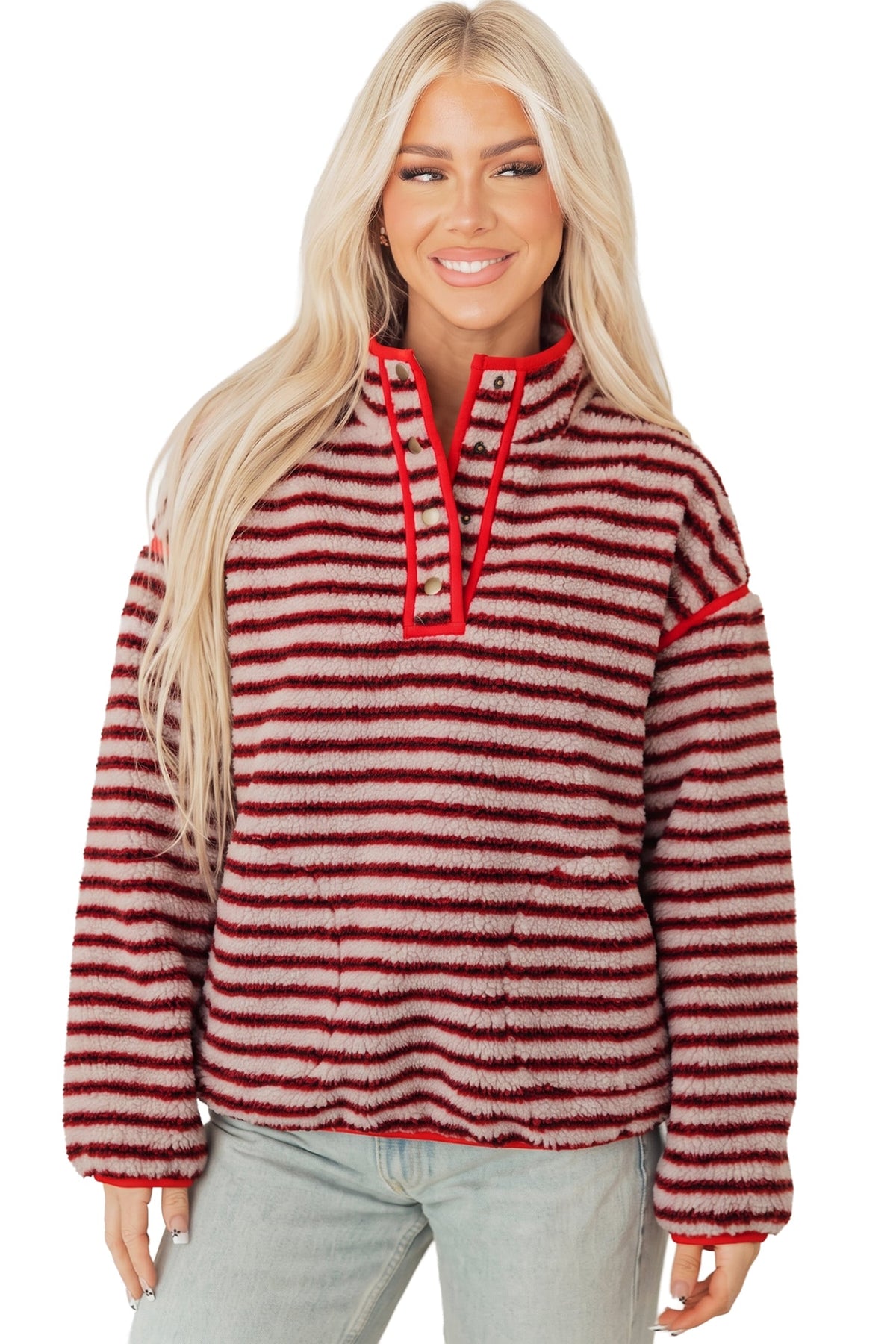 Red Striped Fuzzy Colorblock Button Placket Sweatshirt