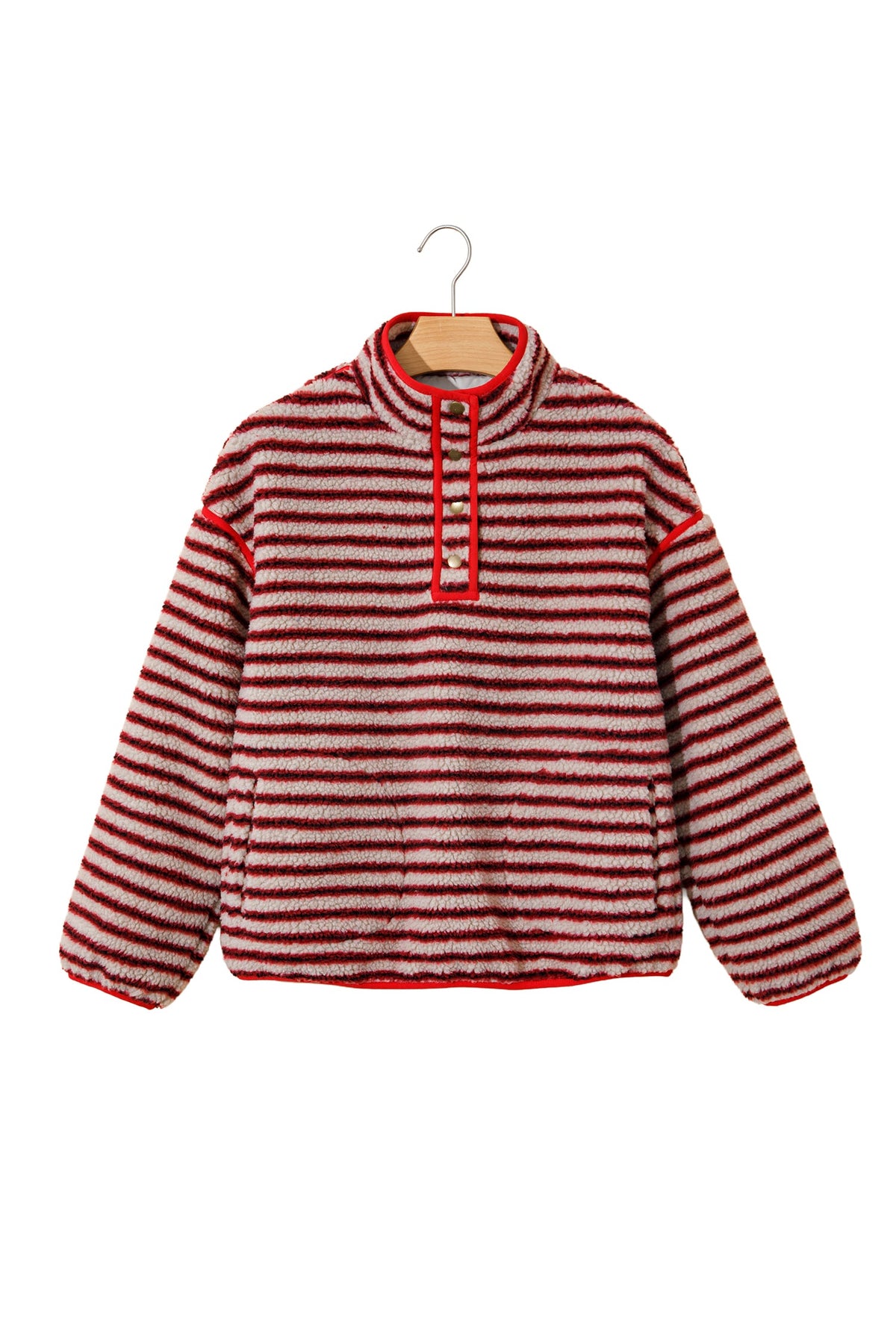 Red Striped Fuzzy Colorblock Button Placket Sweatshirt