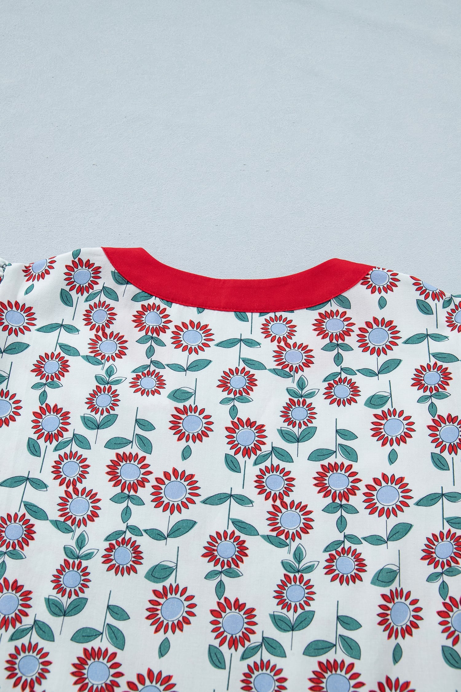Red Sunflower Printed Contrast Trim V Neck Flutter Sleeve Blouse
