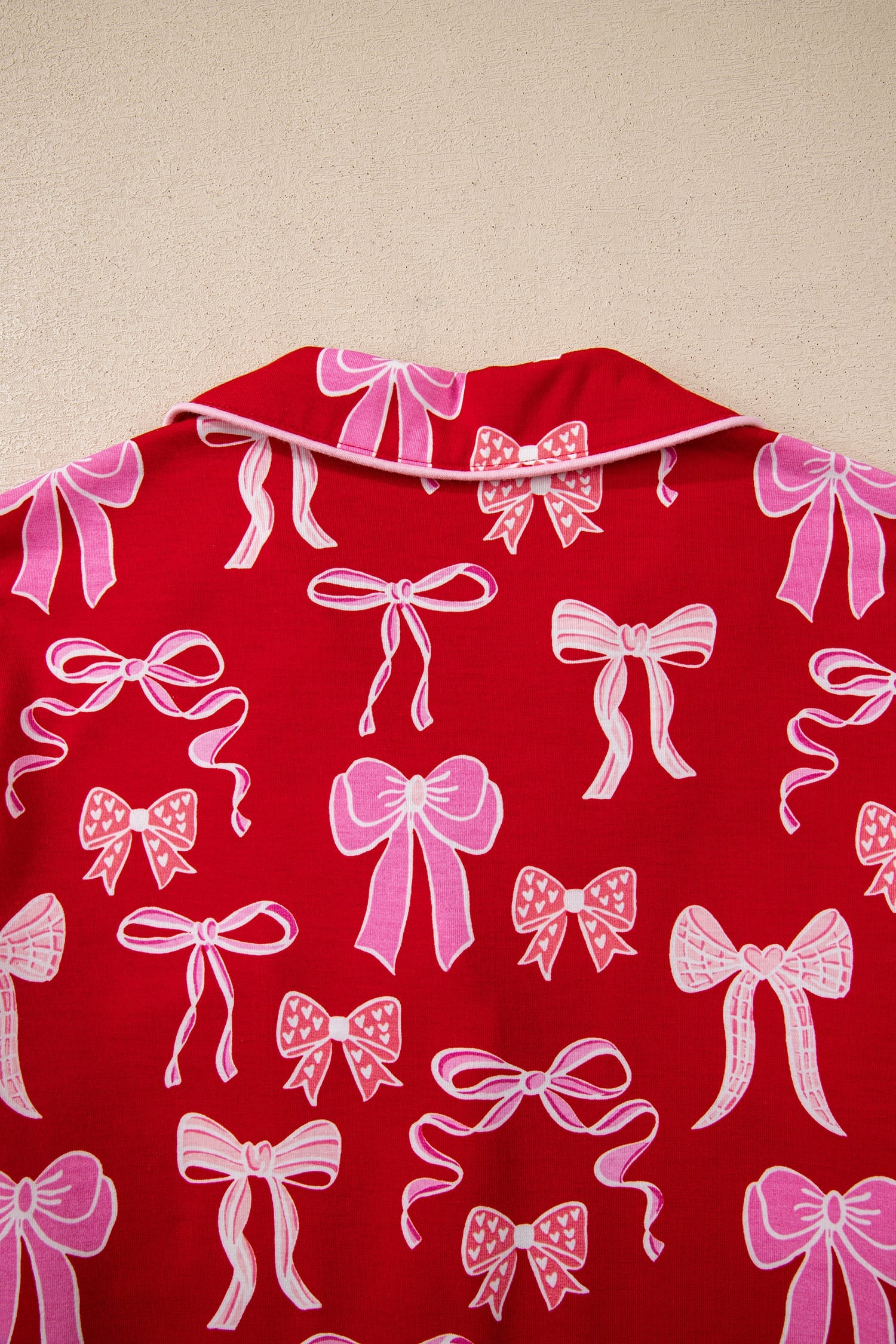 Red Sweet Bow Print Shirt Style Top Long 2pcs Pajama Set